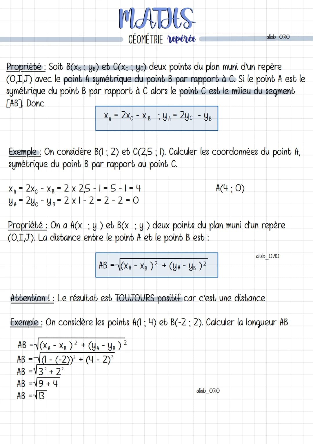 Repère du plan
-5
-4 -3 -2 -
B
A
Axe des abscisses
4
3
2
J
MATHS
GÉOMÉTRIE repérée
Axe des ordonnés
O I
2 3
Repère orthogonal
Définition: Un
