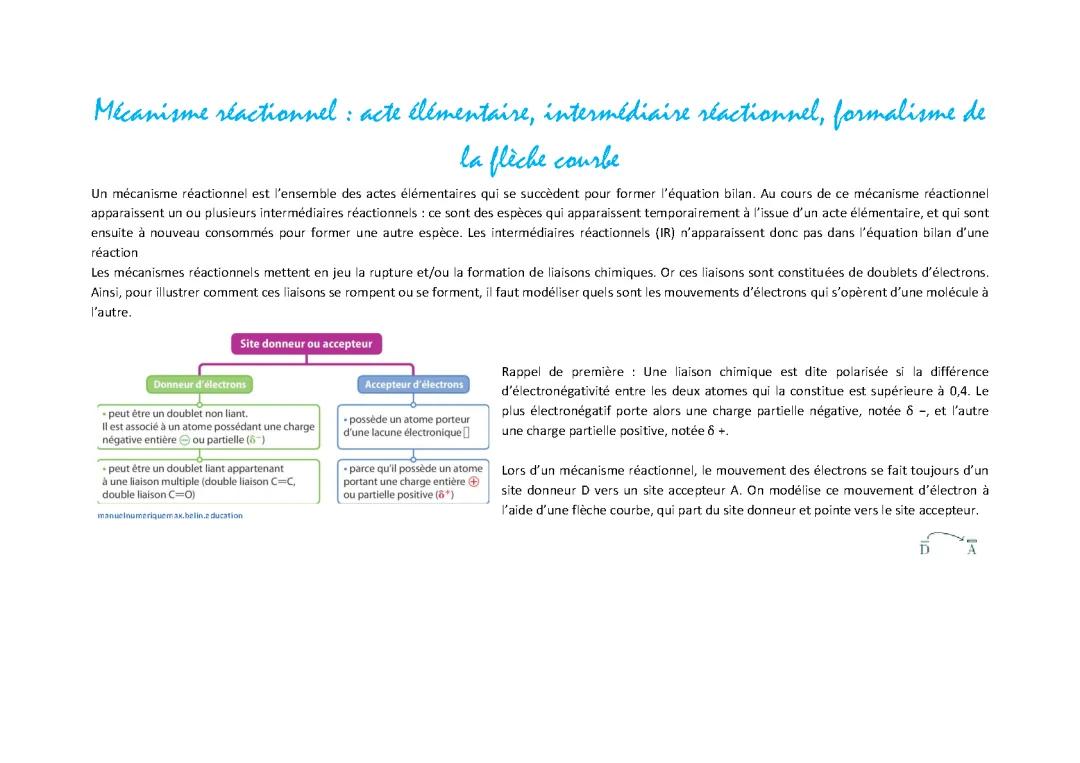 Mécanisme réactionnel : acte élémentaire, intermédiaire réactionnel, formalisme de   la flèche courbe 