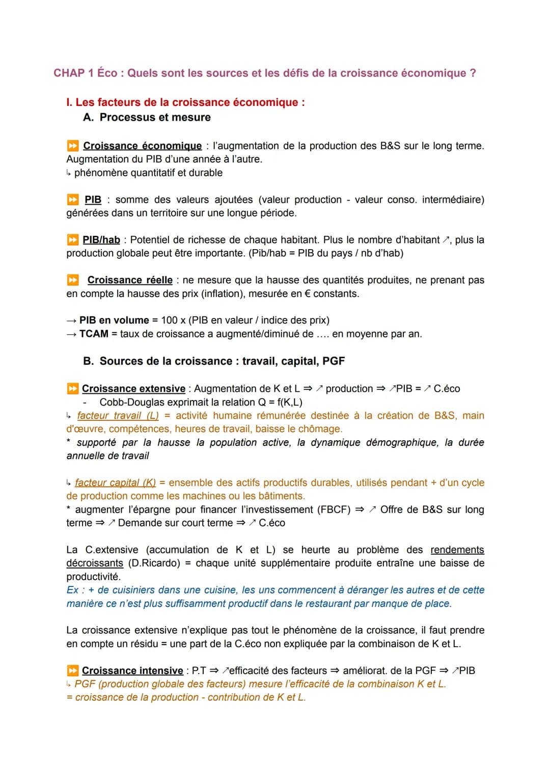 CHAP 1 Éco : Quels sont les sources et les défis de la croissance économique ?
I. Les facteurs de la croissance économique :
A. Processus et