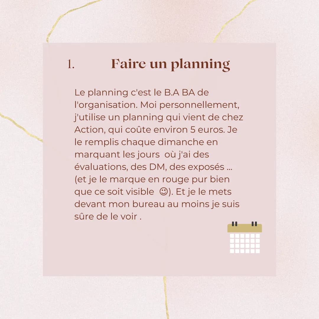 Comment être bien
organisé
et productif ?
study_with_kenza Faire un planning
Le planning c'est le B.A BA de
l'organisation. Moi personnellem