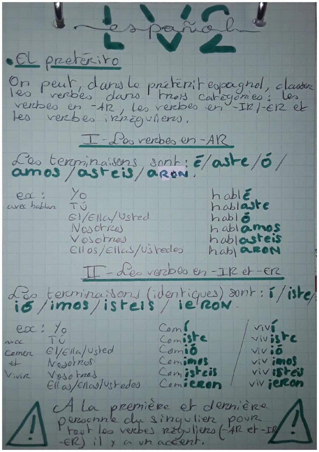•EL Pretérito
On peut, dans le préterit espagnol, classer
verbe dans
verbes en -AR
les
trois categories: les
les verbes en -IR/-ER et
verbes