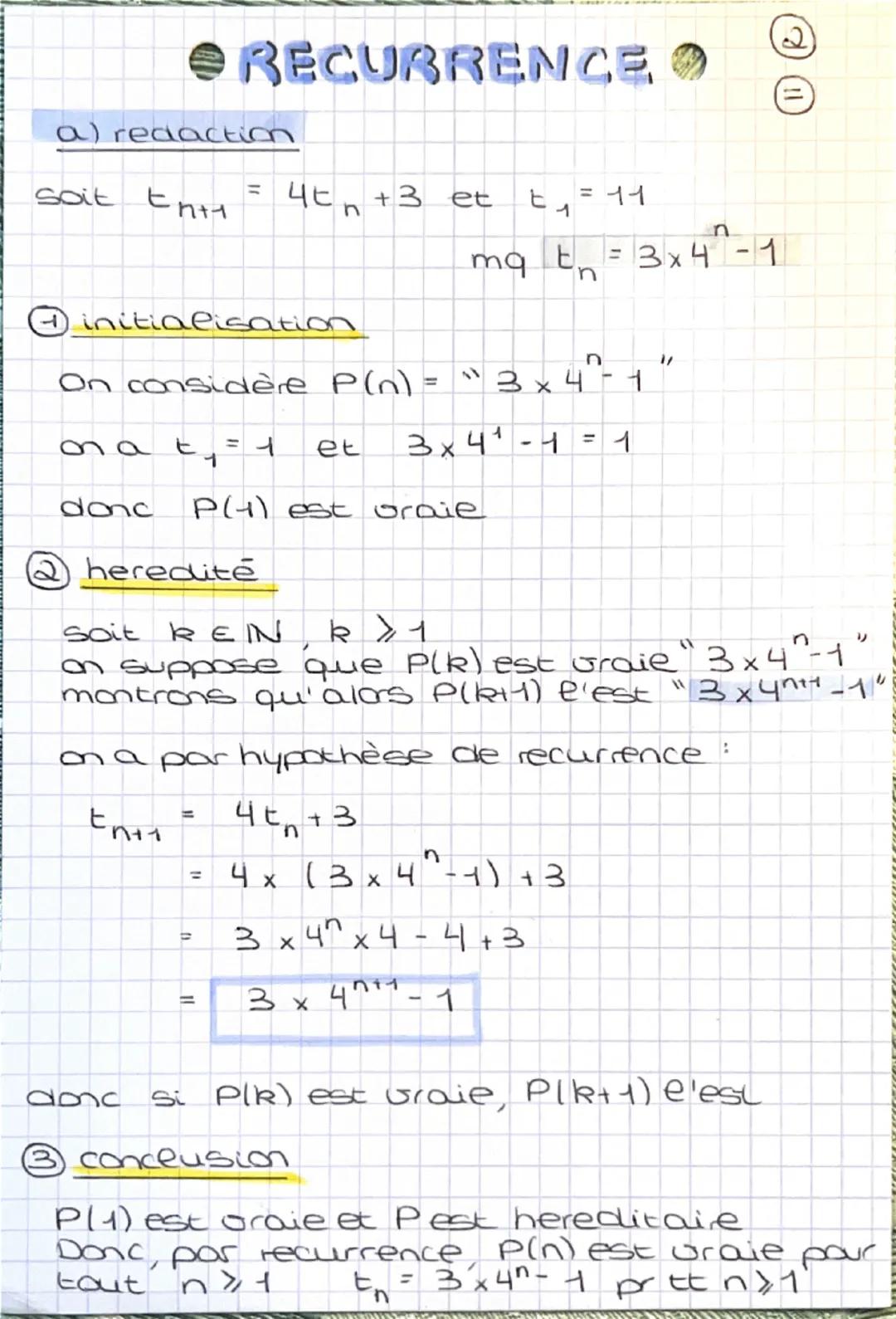 #### ④ initialisation

V₁= 2 et V₁≤5 car 2≤5

P11) est graje

#### ② heredité

Soat $k \in \mathbb{N}$, $k \geqslant 1$

on suppose que P(R)