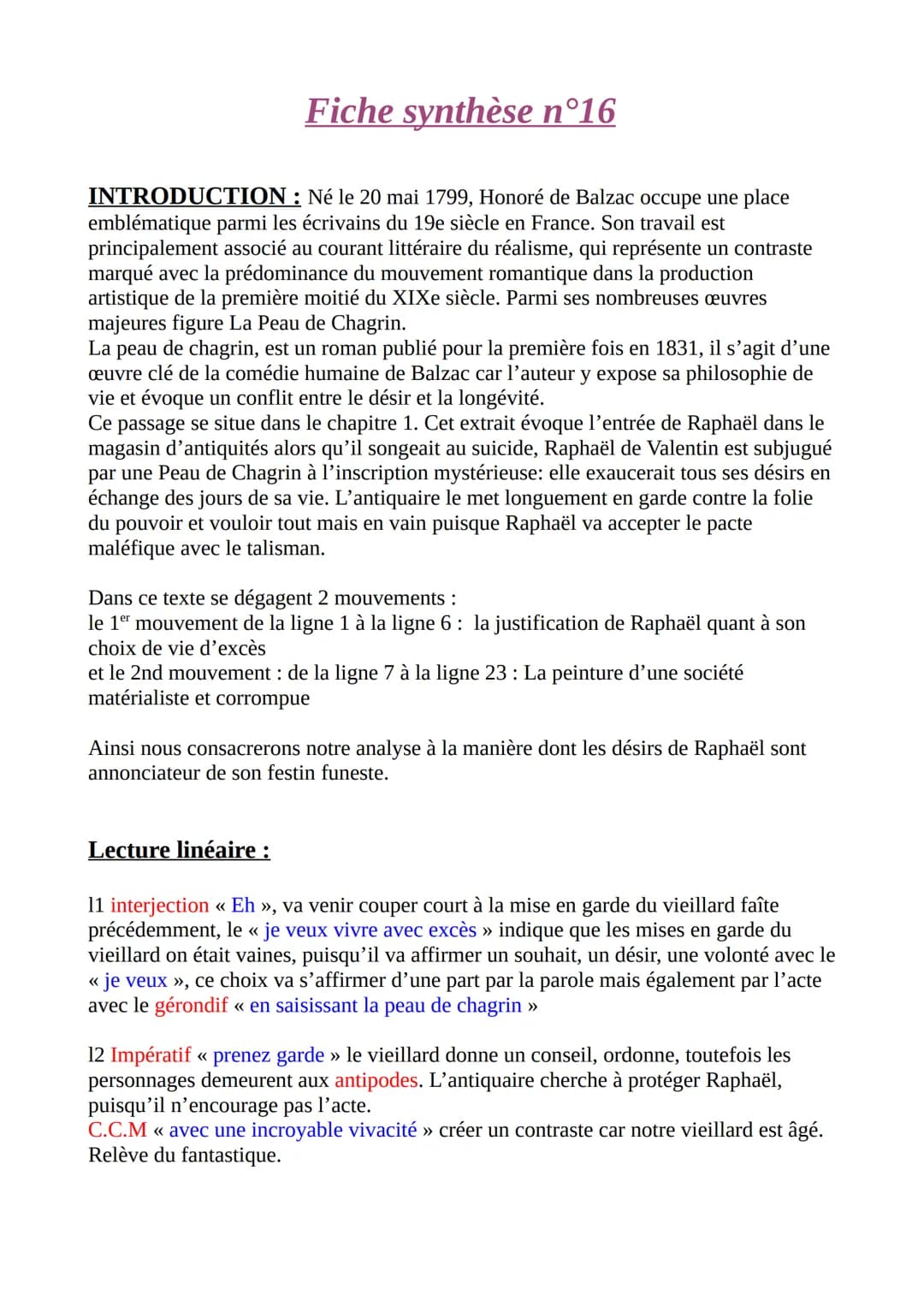 Fiche synthèse n°16
INTRODUCTION: Né le 20 mai 1799, Honoré de Balzac occupe une place
emblématique parmi les écrivains du 19e siècle en Fra