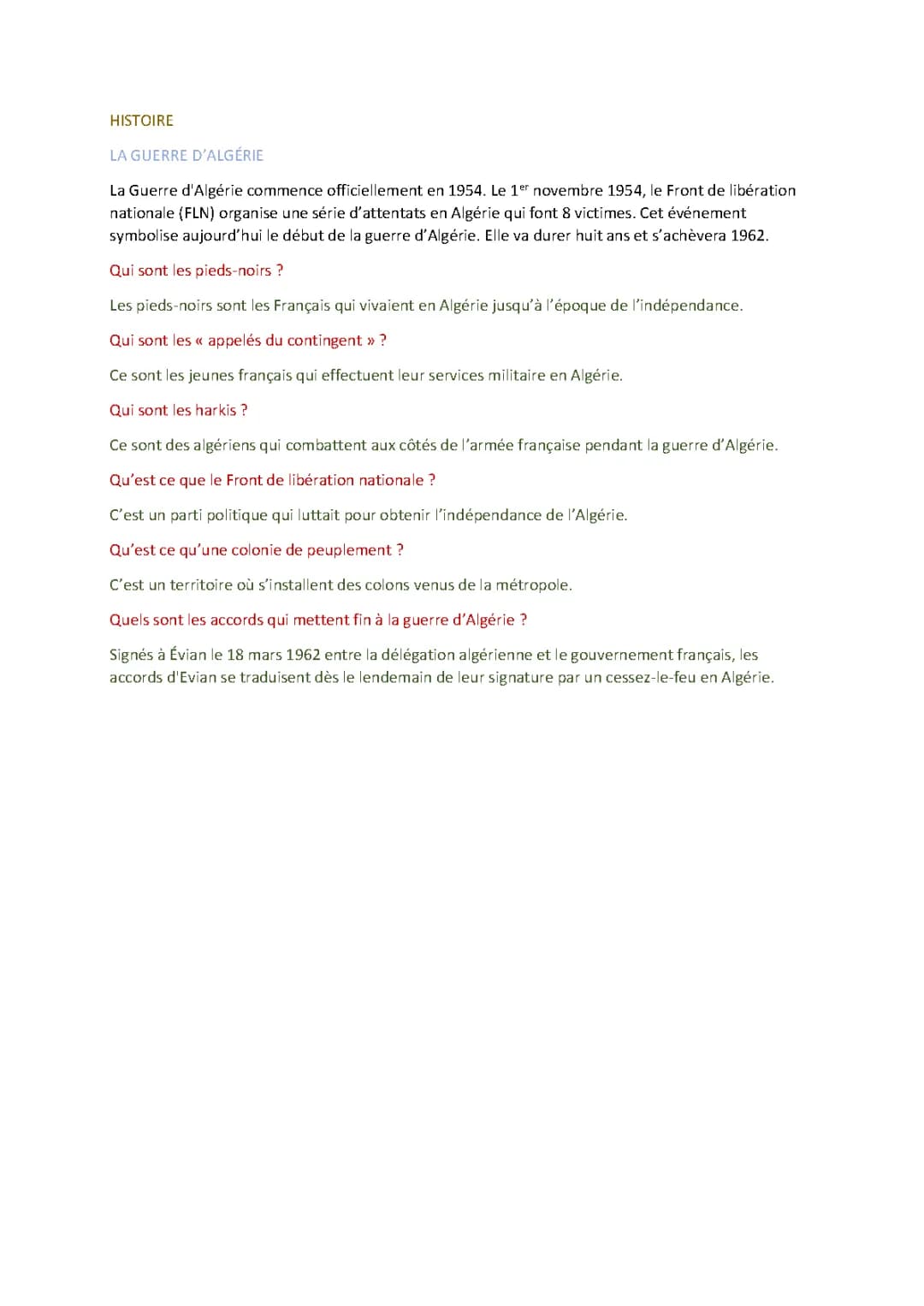 La Guerre d'Algérie (questions/réponses)