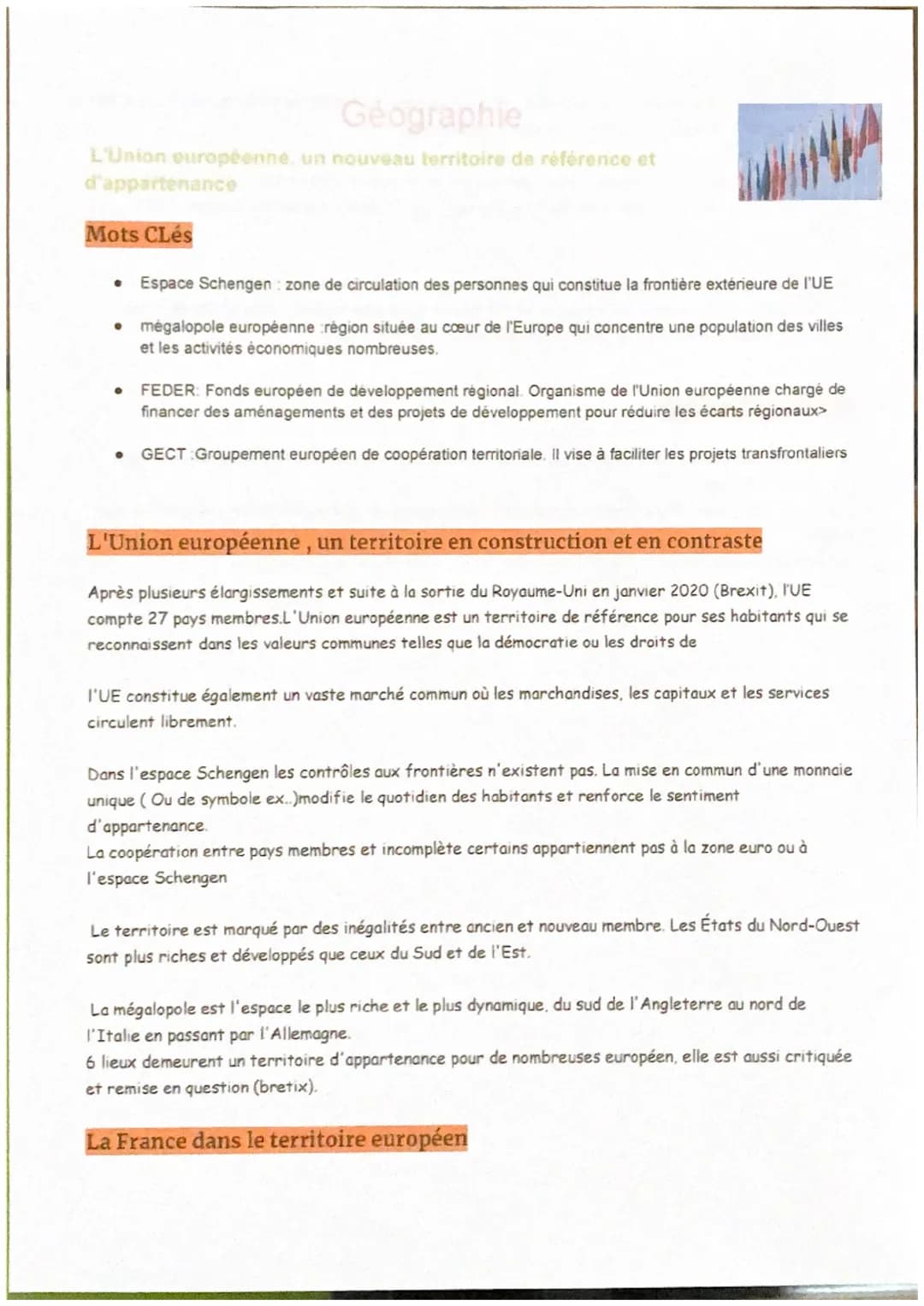 Géographie
L'Union européenne, un nouveau territoire de référence et
d'appartenance
Mots CLés
● Espace Schengen: zone de circulation des per
