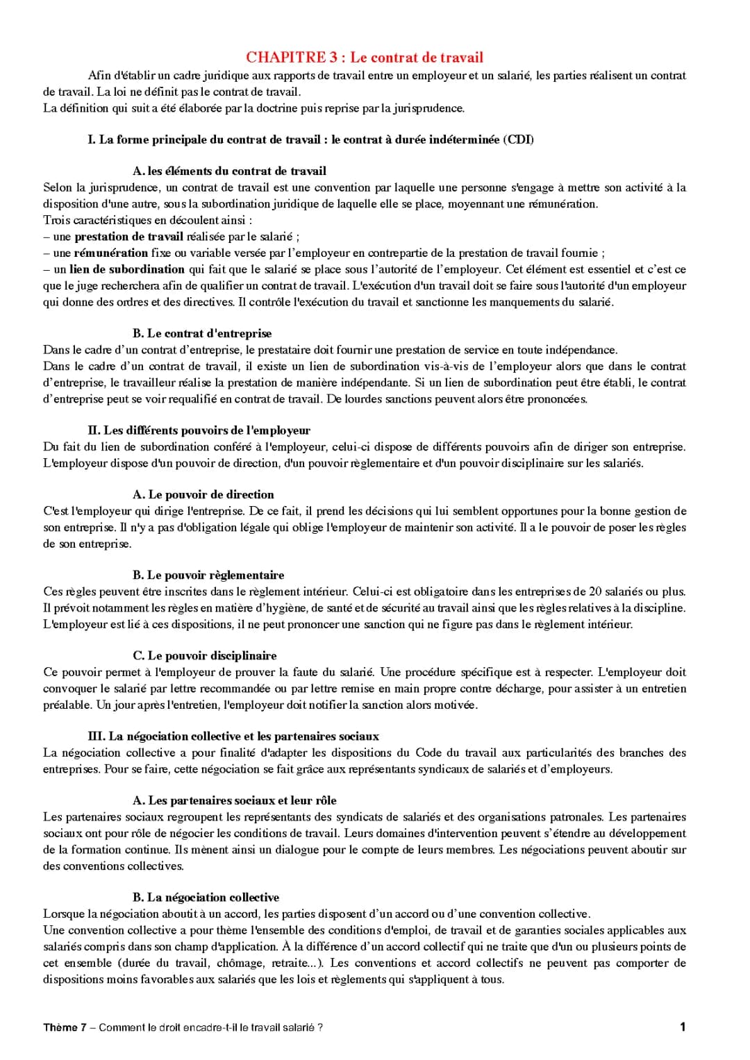 synthèse thème 6 économie "contrat de travail"