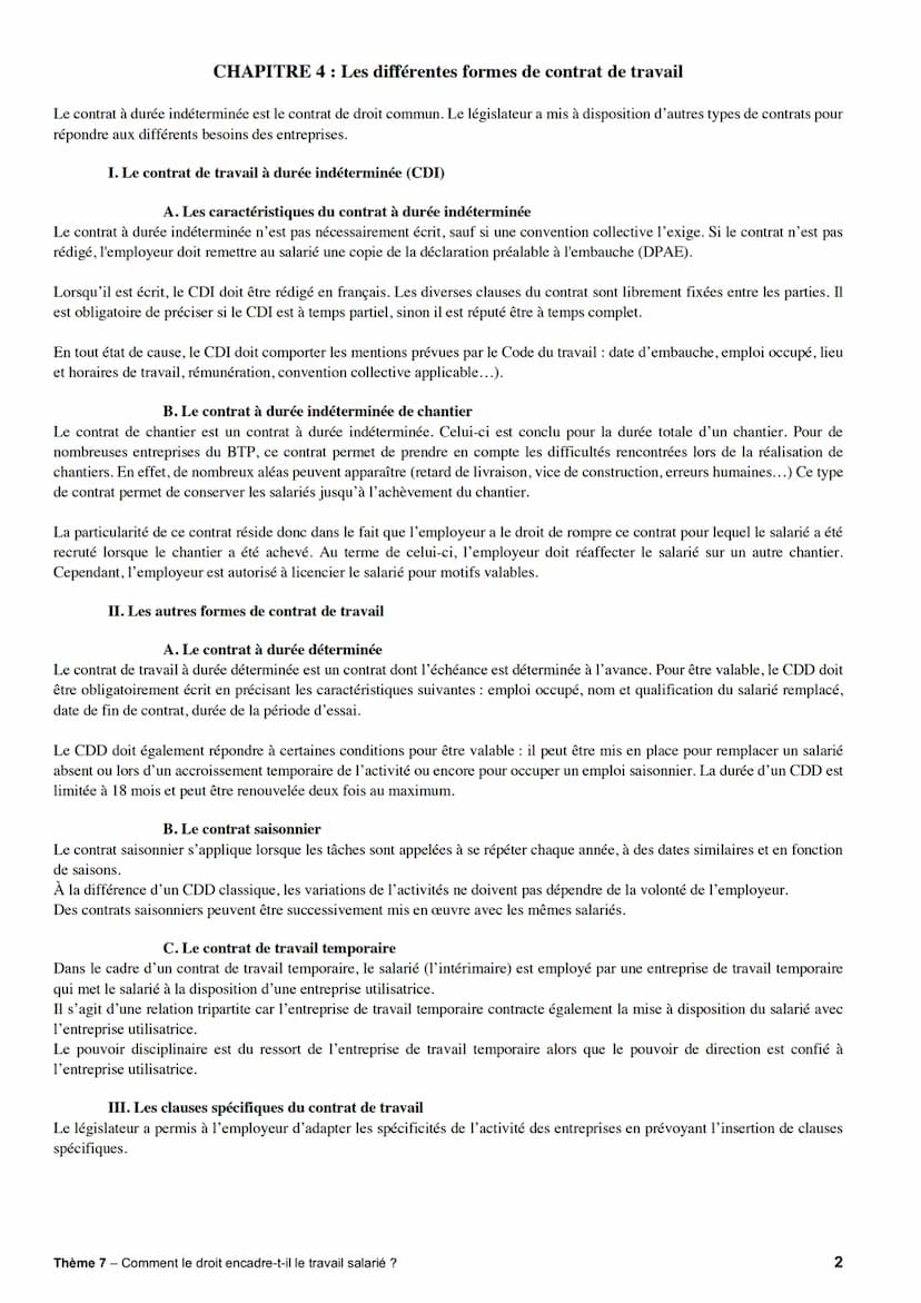 CHAPITRE 3: Le contrat de travail
Afin d'établir un cadre juridique aux rapports de travail entre un employeur et un salarié, les parties ré