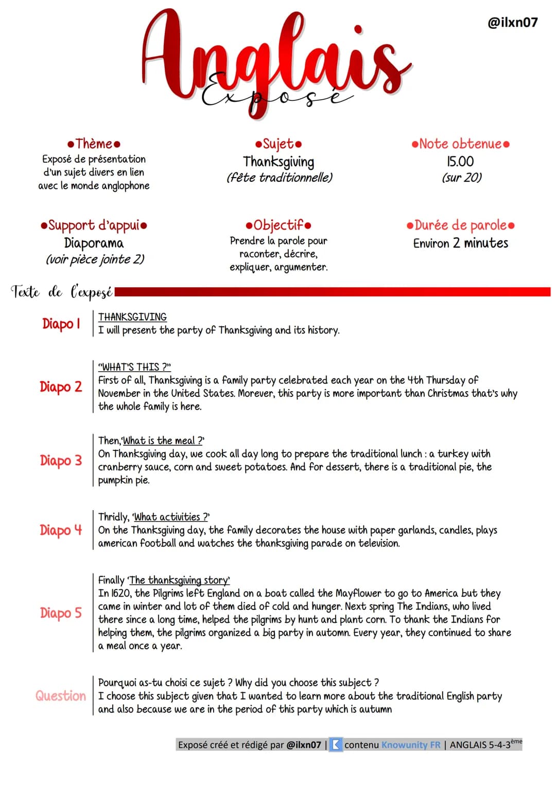 Anglais
Exposé / oral
Thanksgiving
Diaporama créé par @ilxn07 | contenu Knowunity FR | ANGLAIS 5-4-3ème Thème.
Exposé de présentation
d'un s