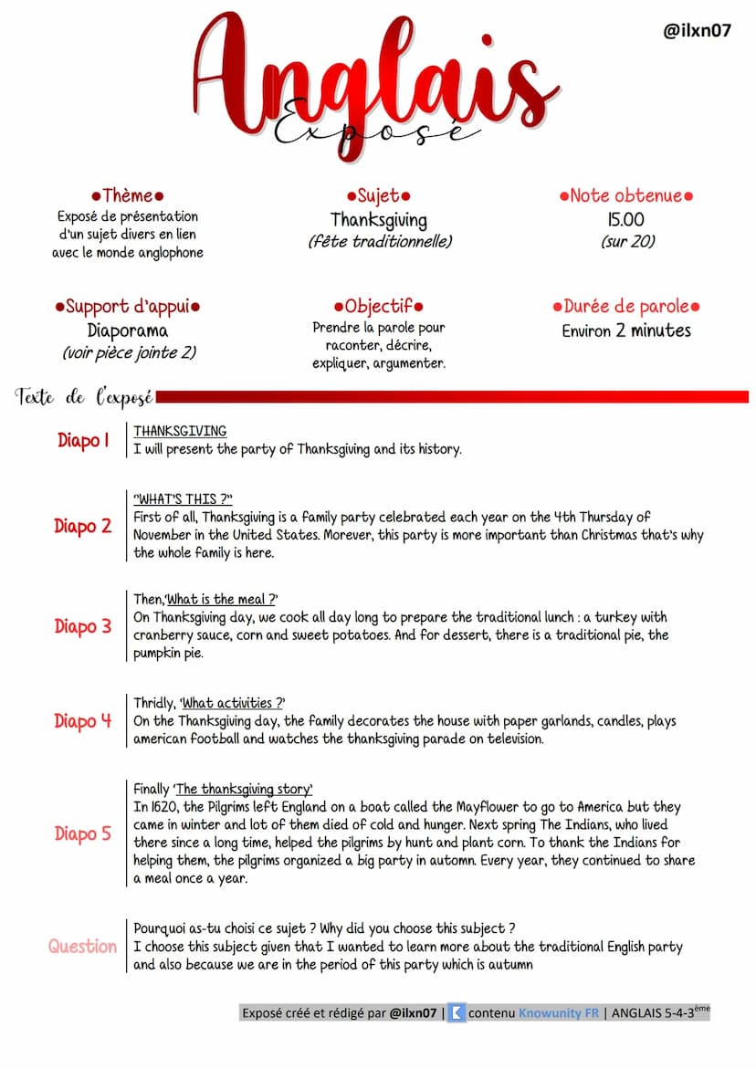 Anglais
Exposé / oral
Thanksgiving
Diaporama créé par @ilxn07 | contenu Knowunity FR | ANGLAIS 5-4-3ème Thème.
Exposé de présentation
d'un s