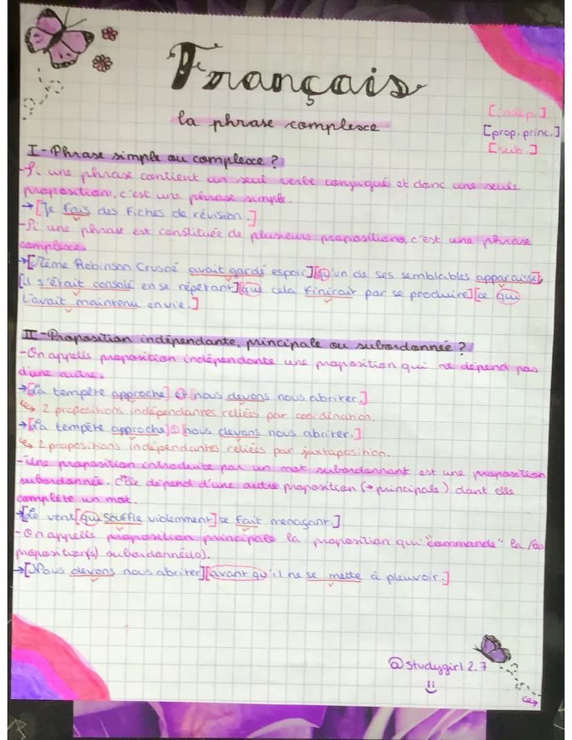 Français
la phrase complexe
complexe ?
[indep]
[prop.princ.]
[sub]
I-Phrase simple ou
Si une phrase contient un
seul verbe confiqué et donc 