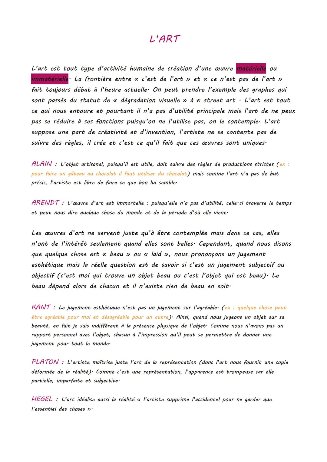 L'ART
L'art est tout type d'activité humaine de création d'une œuvre matérielle ou
immatérielle La frontière entre « c'est de l'art » et «< 