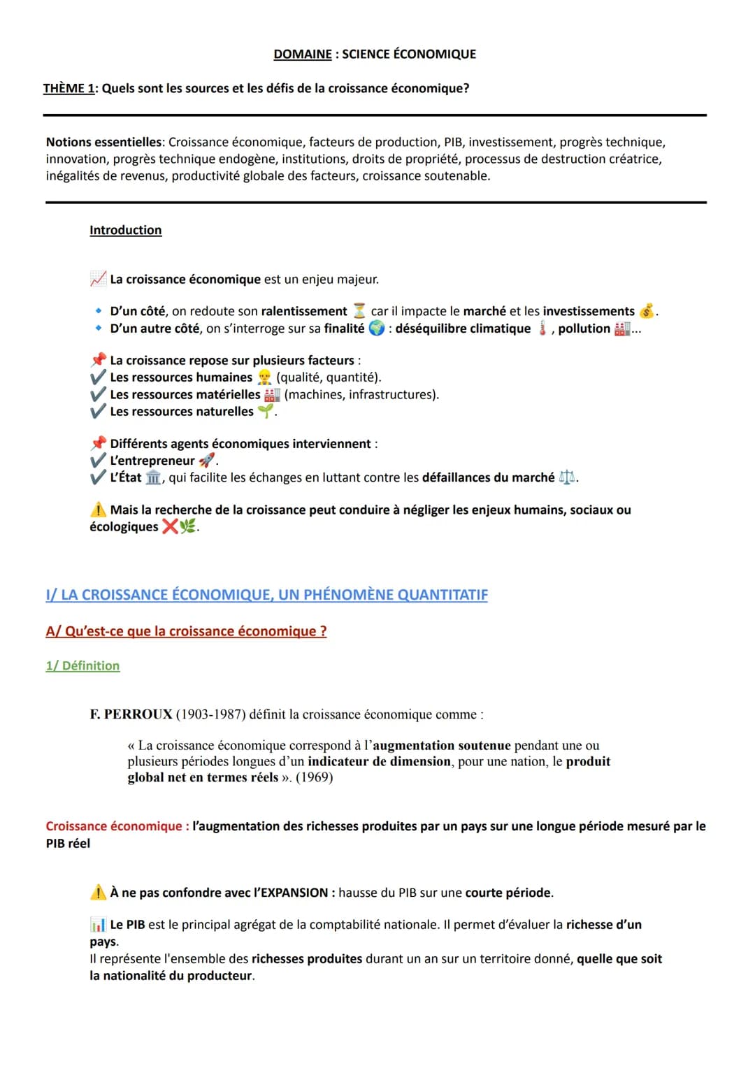 --- OCR Start ---
DOMAINE: SCIENCE ÉCONOMIQUE
THÈME 1: Quels sont les sources et les défis de la croissance économique?
Notions essentielles