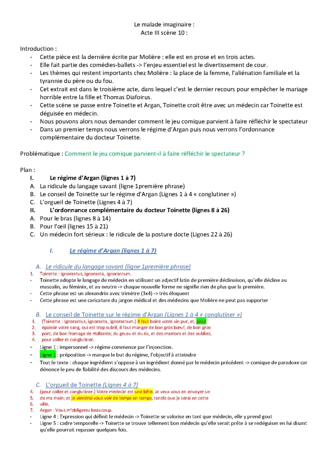 Analyse linéaire du Malade Imaginaire Acte 3 Scène 10 et PDF