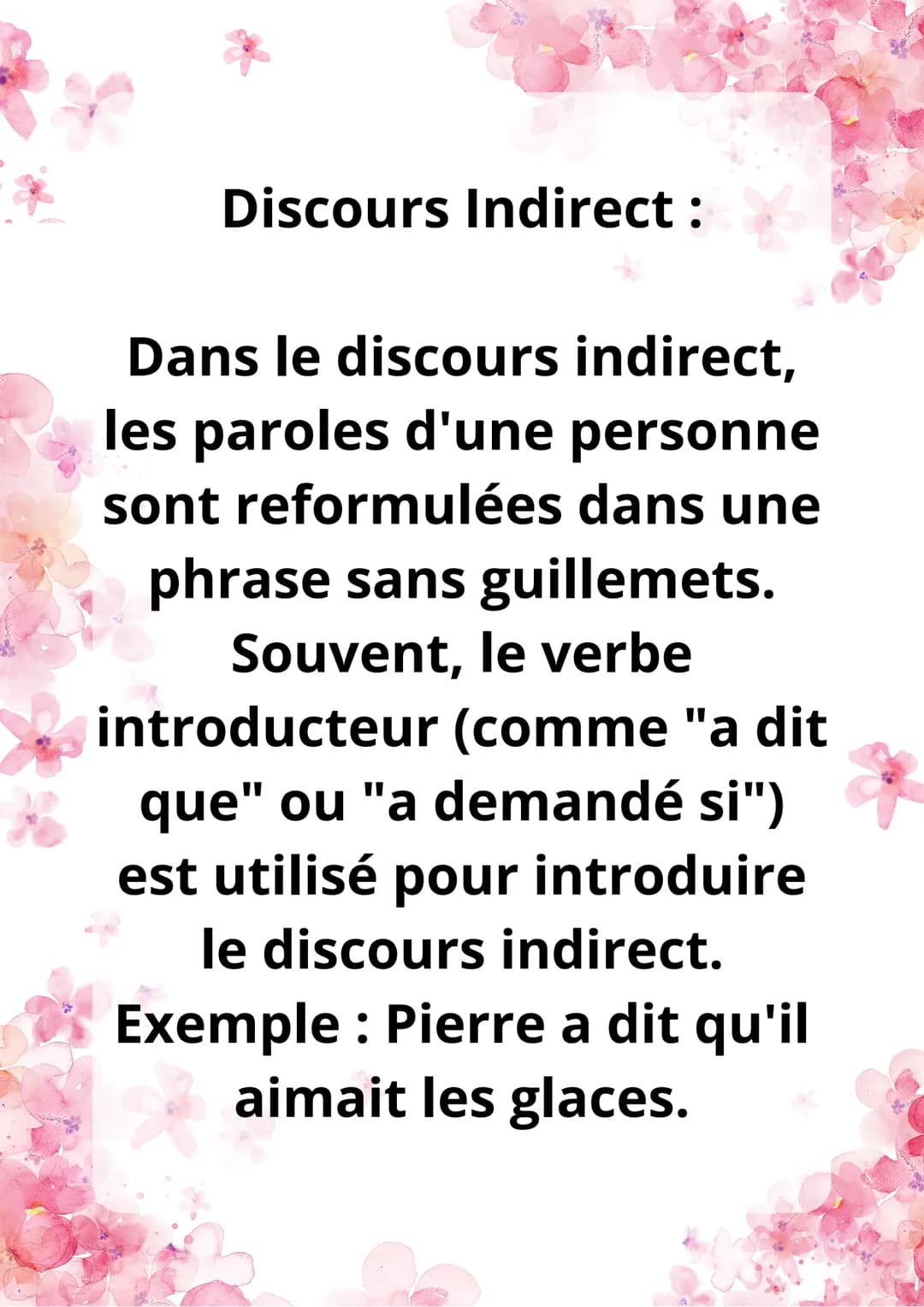 Discours Direct
et Indirect Discours Direct:
Dans le discours direct, les
paroles d'une personne sont
rapportées exactement telles
qu'elle l