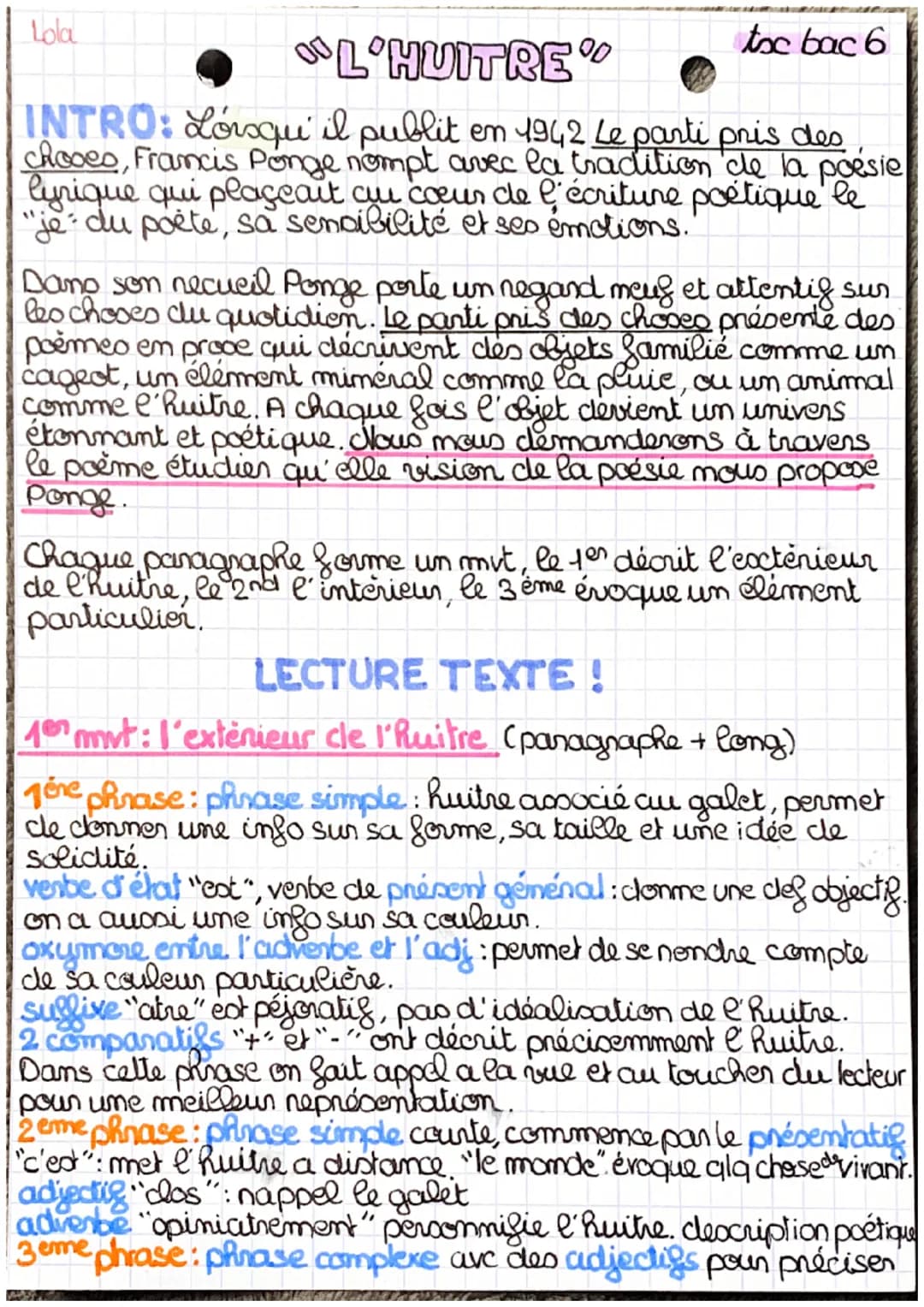 Lola
toc bac 6
L'HUITRE%
INTRO: Lorsqu' il publit en 1942 Le parti pris des
chooes, Francis Ponge nompt avec la tradition de la poésie
lyriq