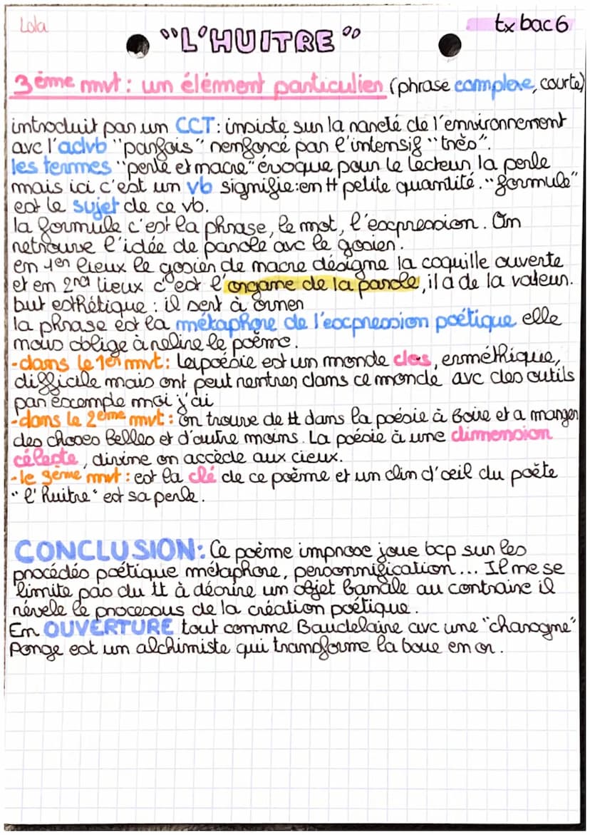 Lola
toc bac 6
L'HUITRE%
INTRO: Lorsqu' il publit en 1942 Le parti pris des
chooes, Francis Ponge nompt avec la tradition de la poésie
lyriq