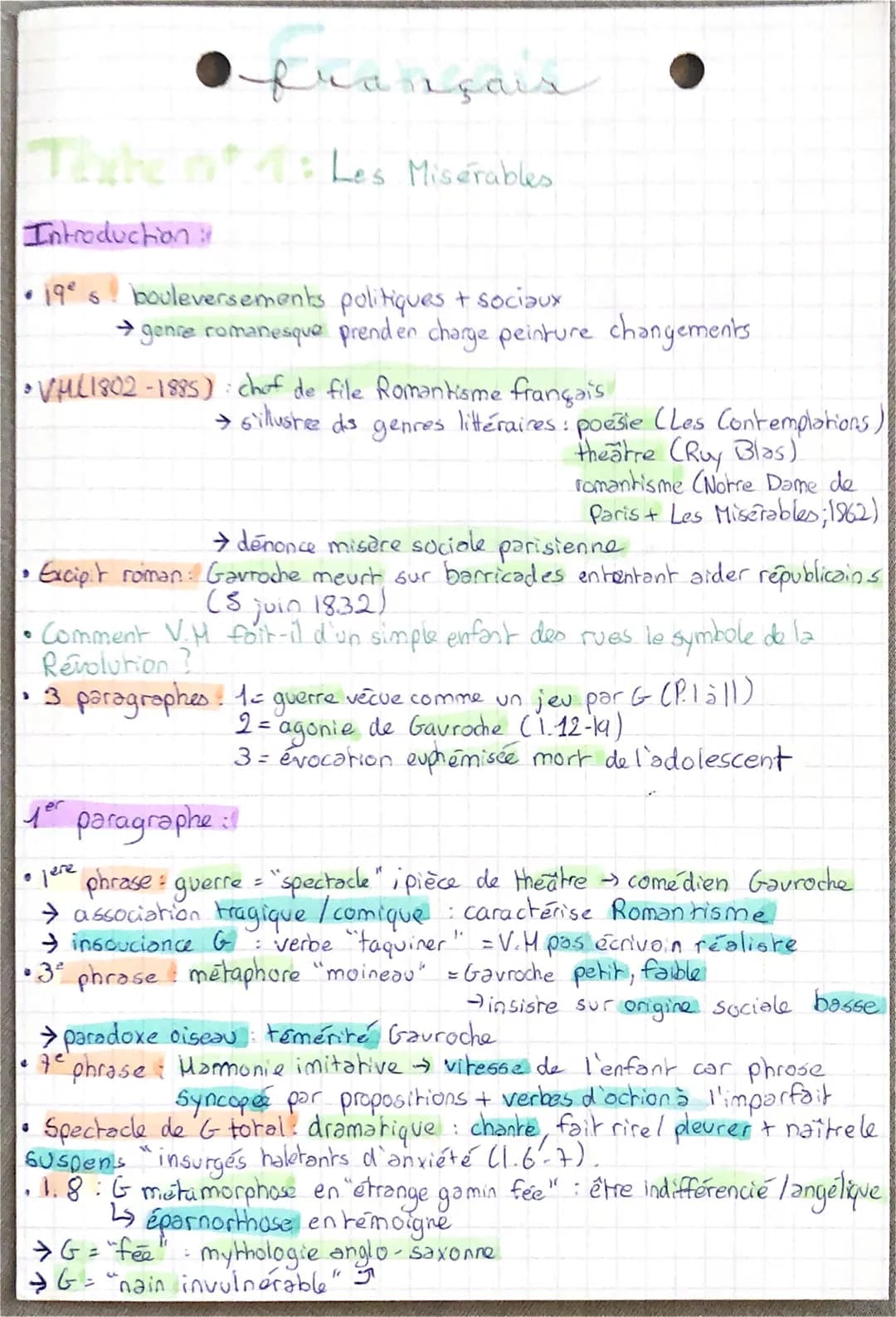 français
The tot: Les Misérables
Introduction :
· 19° s bouleversements politiques + sociaux
→genre romanesque prend en charge peinture chan