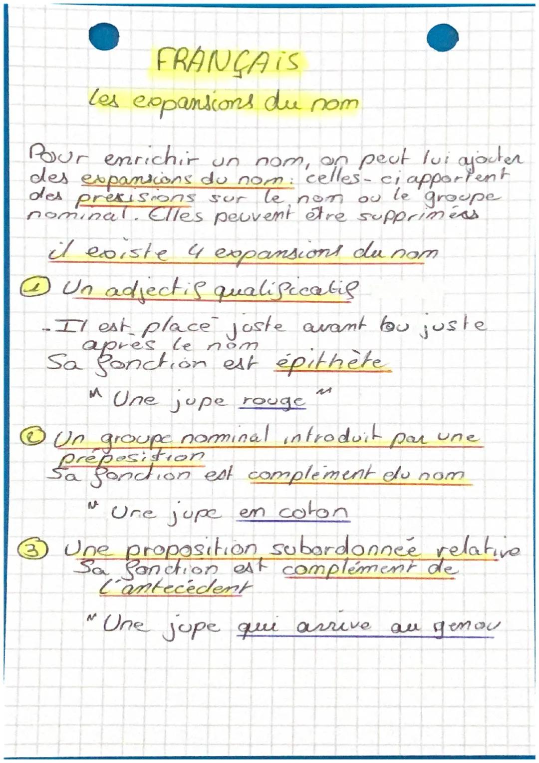 # FRANÇAIS

les cxpansions du nom

Pour enrichir un nom, on peut lui ajouter
des expansions du nom: celles-ci apportent
des previsions sur l