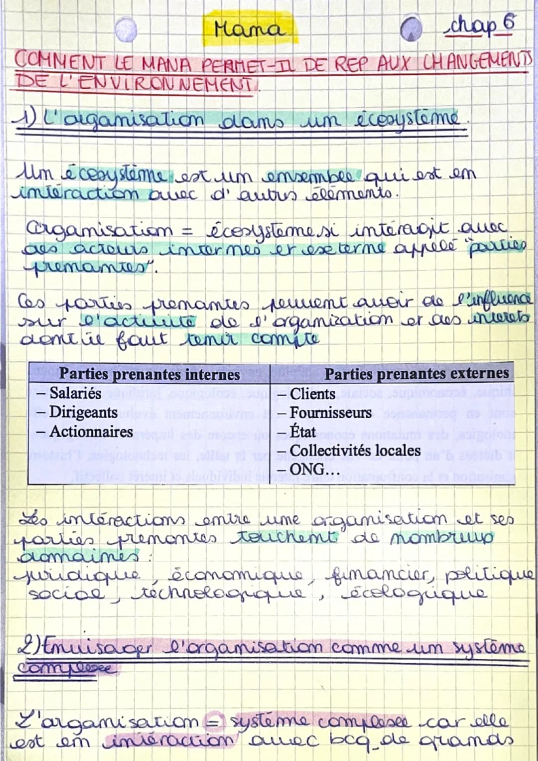 Mama
chap 6
COMMENT LE MANA PERMET-IL DE REP AUX CHANGEMENTS
DE L'ENVIRONNEMENT.
1) L'organisation dans un écosystème
um e cesystème est un 