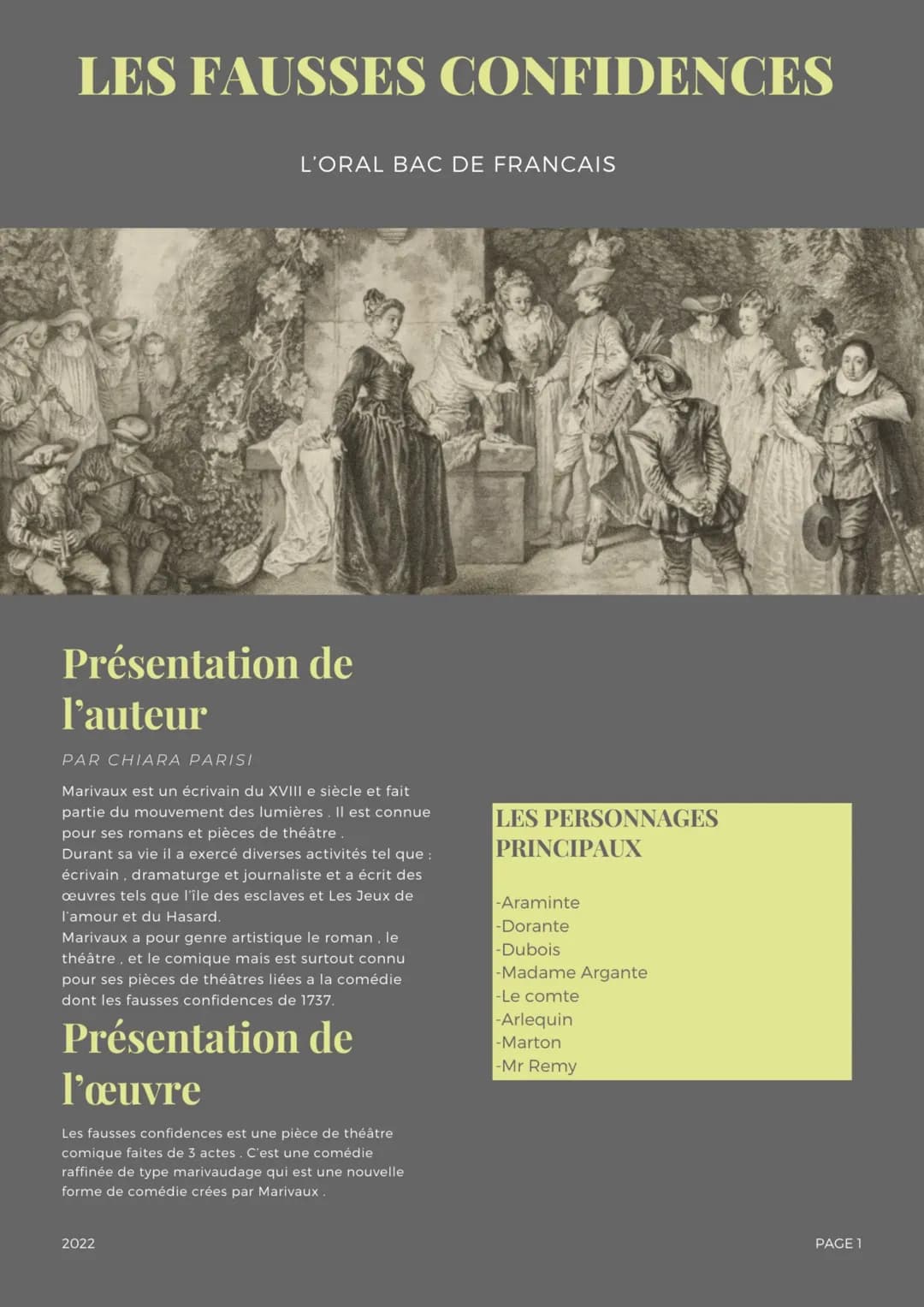 LES FAUSSES CONFIDENCES
L'ORAL BAC DE FRANCAIS
Présentation de
l'auteur
PAR CHIARA PARISI
Marivaux est un écrivain du XVIII e siècle et fait