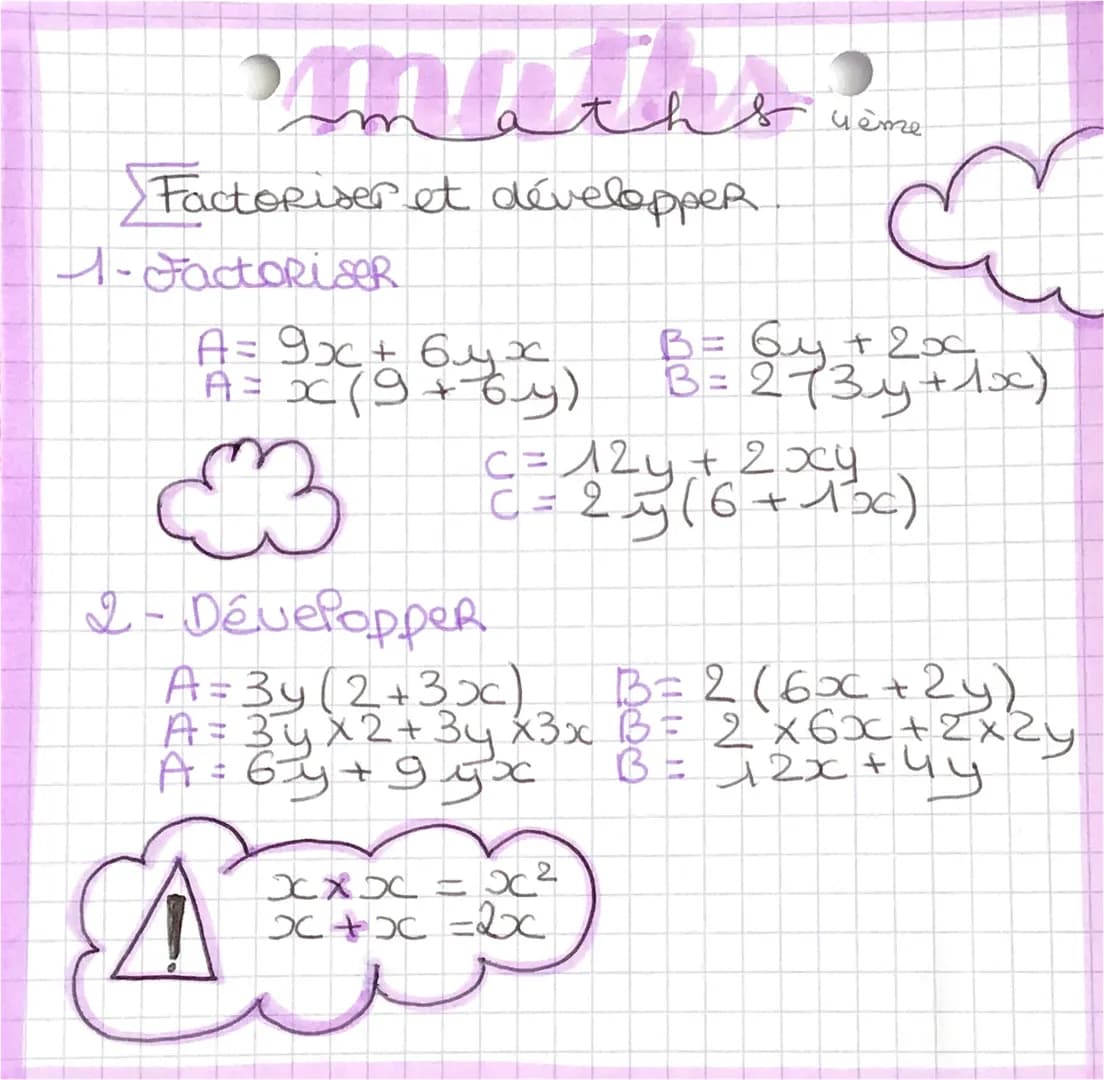 maths in
wème
FactoRiser et développer
1 - FactoRiseR
A=9x+64 x
A = x (9 + 6y)
B = 6y + 200
B = 273y +1x)
$3
2- DéveloppeR
A=3y (2+3x)
B= 2 