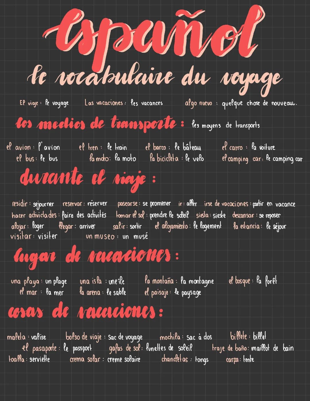 español
le
Se vocabulaire du voyage
voyage
Las vacaciones: les vacances
algo
nuevo : quelque chose de nouveau.
los medios de transporte: les