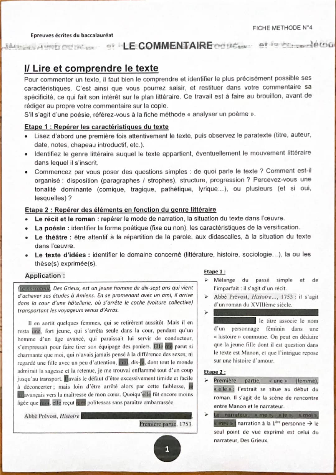 Epreuves écrites du baccalauréat
FICHE METHODE N°4
of LE COMMENTAIRE téma
I/ Lire et comprendre le texte
Pour commenter un texte, il faut bi