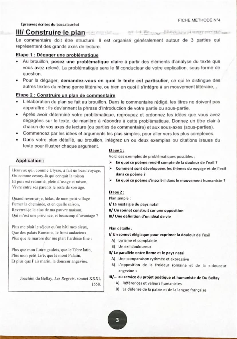 Epreuves écrites du baccalauréat
FICHE METHODE N°4
of LE COMMENTAIRE téma
I/ Lire et comprendre le texte
Pour commenter un texte, il faut bi