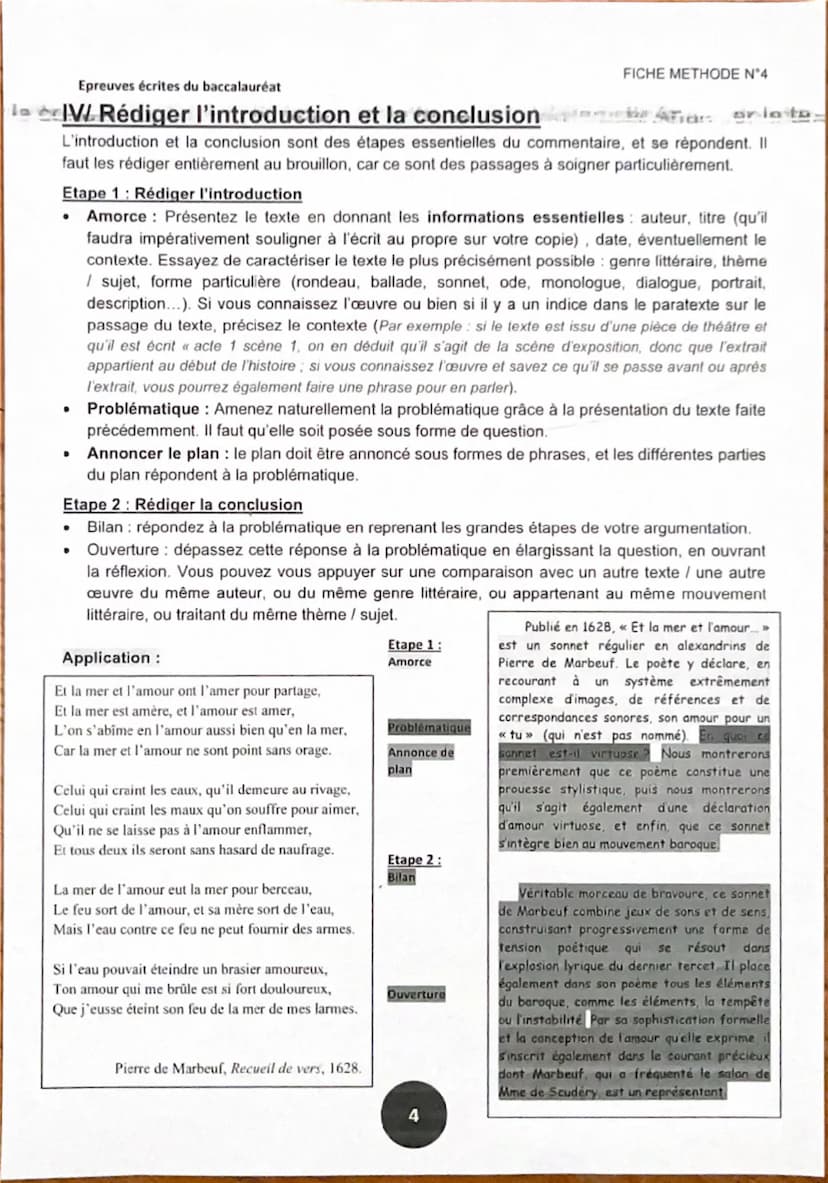 Epreuves écrites du baccalauréat
FICHE METHODE N°4
of LE COMMENTAIRE téma
I/ Lire et comprendre le texte
Pour commenter un texte, il faut bi