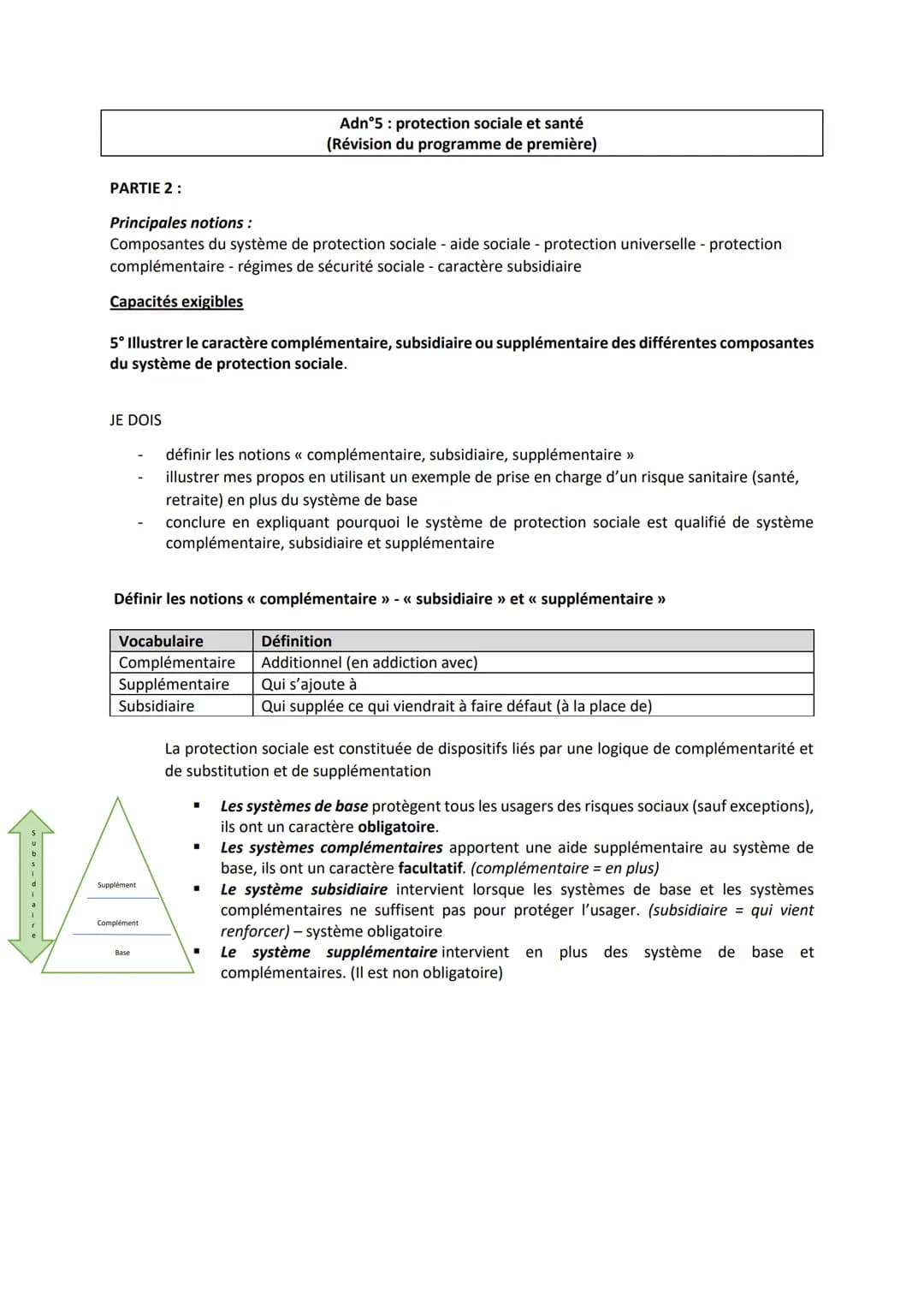 voc
---
PARTIE 2:
Principales notions :
Composantes du système de protection sociale - aide sociale - protection universelle - protection
co
