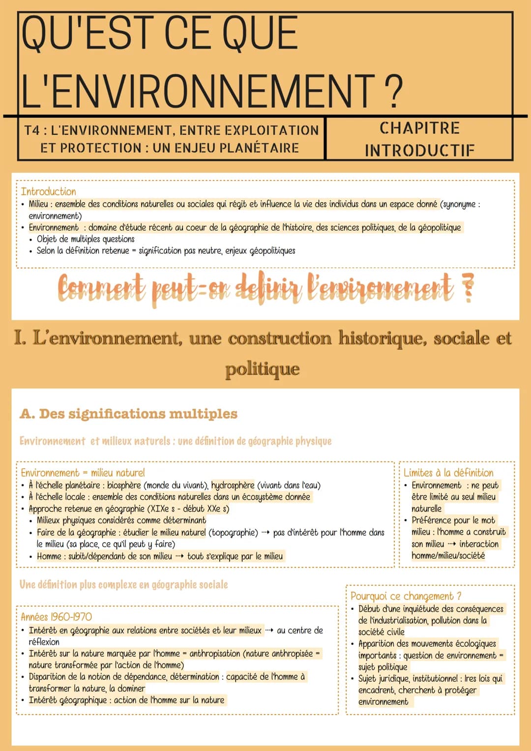QU'EST CE QUE
L'ENVIRONNEMENT ?
T4: L'ENVIRONNEMENT, ENTRE EXPLOITATION
ET PROTECTION : UN ENJEU PLANÉTAIRE
Introduction
Milieu: ensemble de
