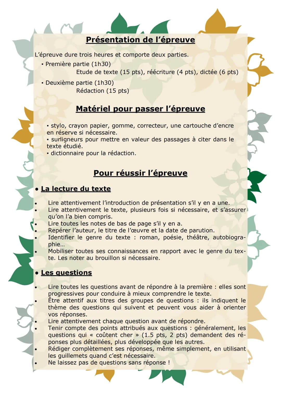 Brevet de français
Memento
Livret de révisions pour
préparer le Brevet Présentation de l'épreuve
L'épreuve dure trois heures et comporte deu