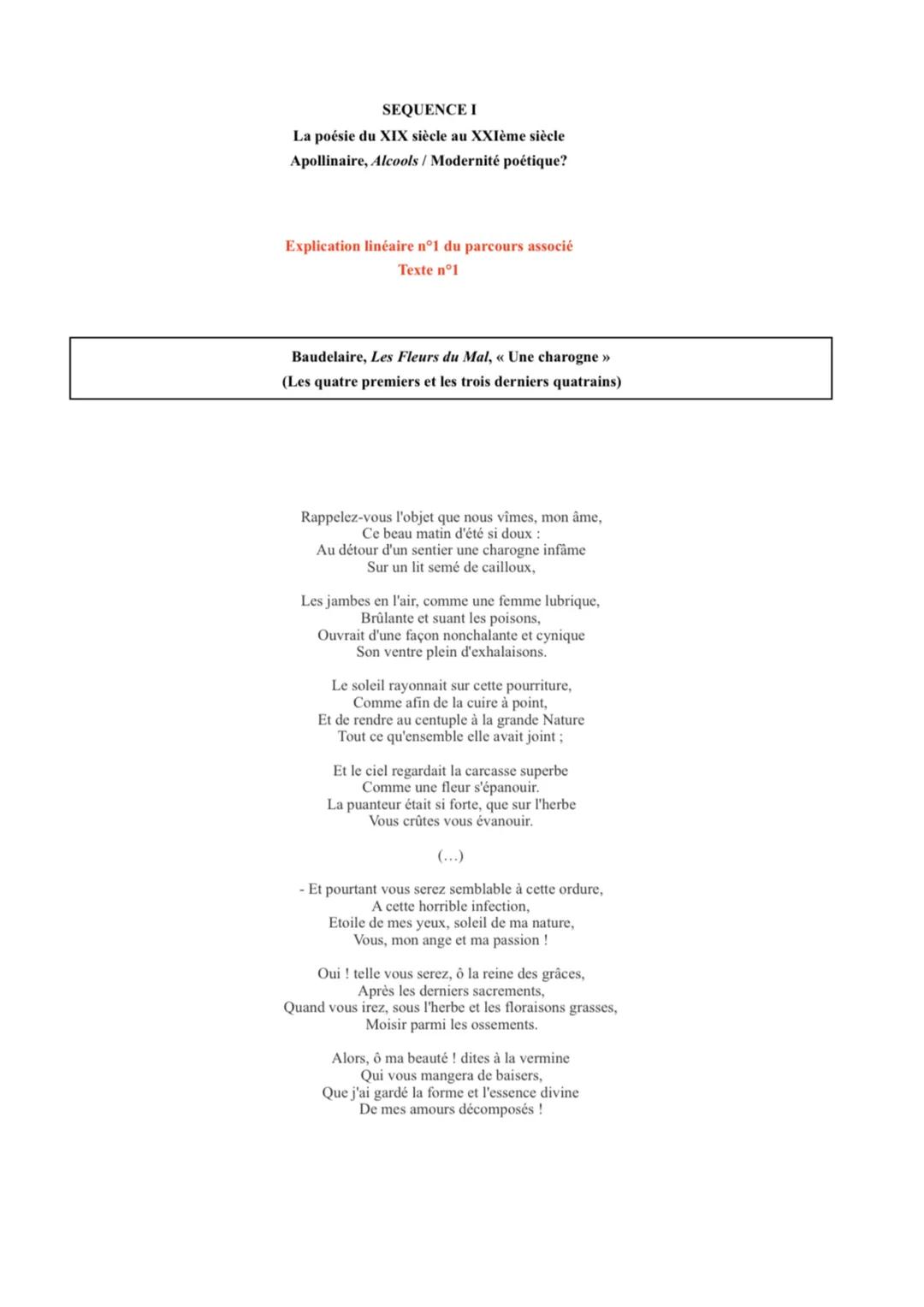 # SEQUENCE I

La poésie du XIX siècle au XXIème siècle
Apollinaire, Alcools / Modernité poétique?

Explication linéaire n°1 du parcours asso
