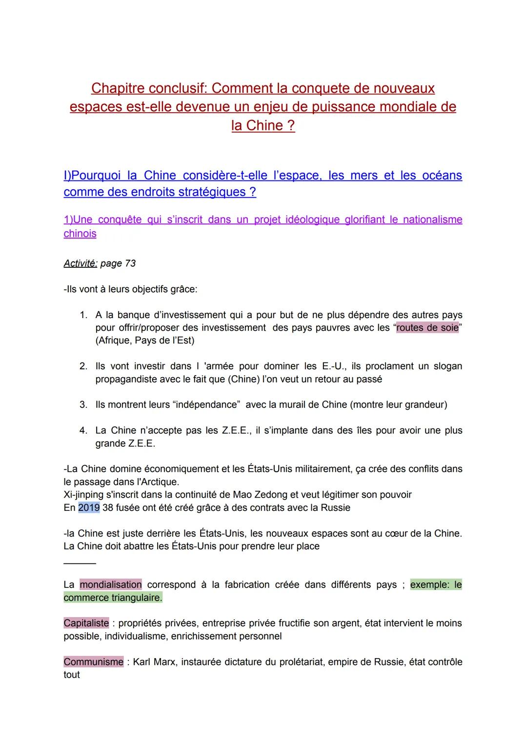 Chapitre conclusif: Comment la conquete de nouveaux
espaces est-elle devenue un enjeu de puissance mondiale de
la Chine ?
1)Pourquoi la Chin
