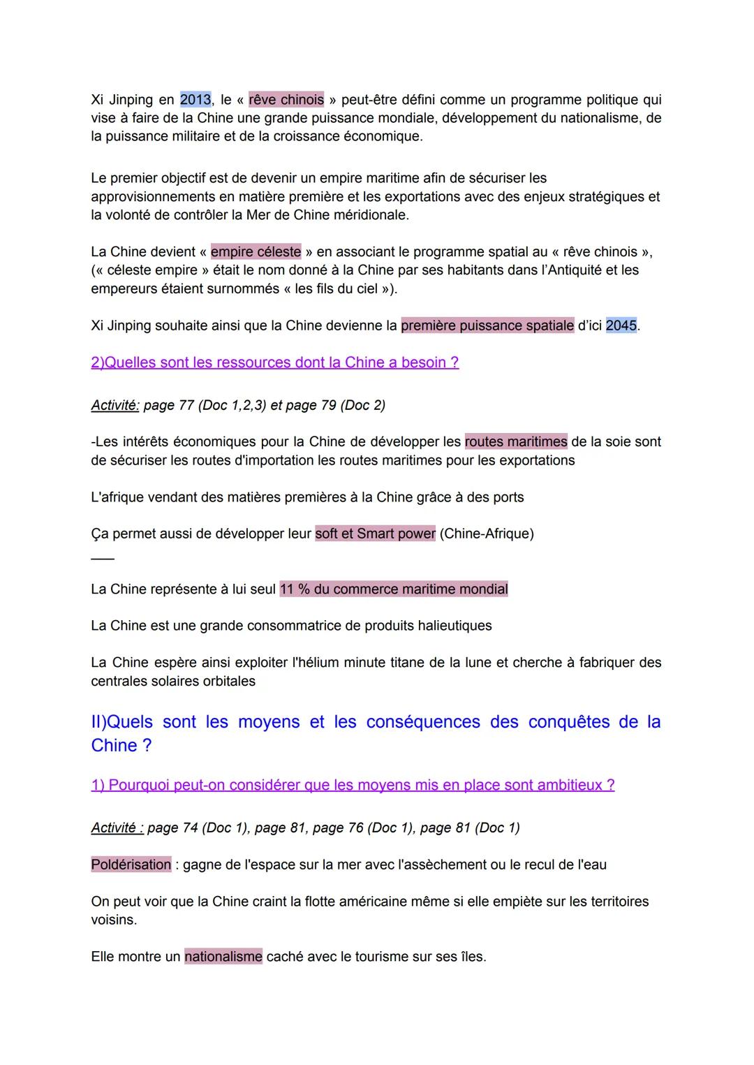 Chapitre conclusif: Comment la conquete de nouveaux
espaces est-elle devenue un enjeu de puissance mondiale de
la Chine ?
1)Pourquoi la Chin