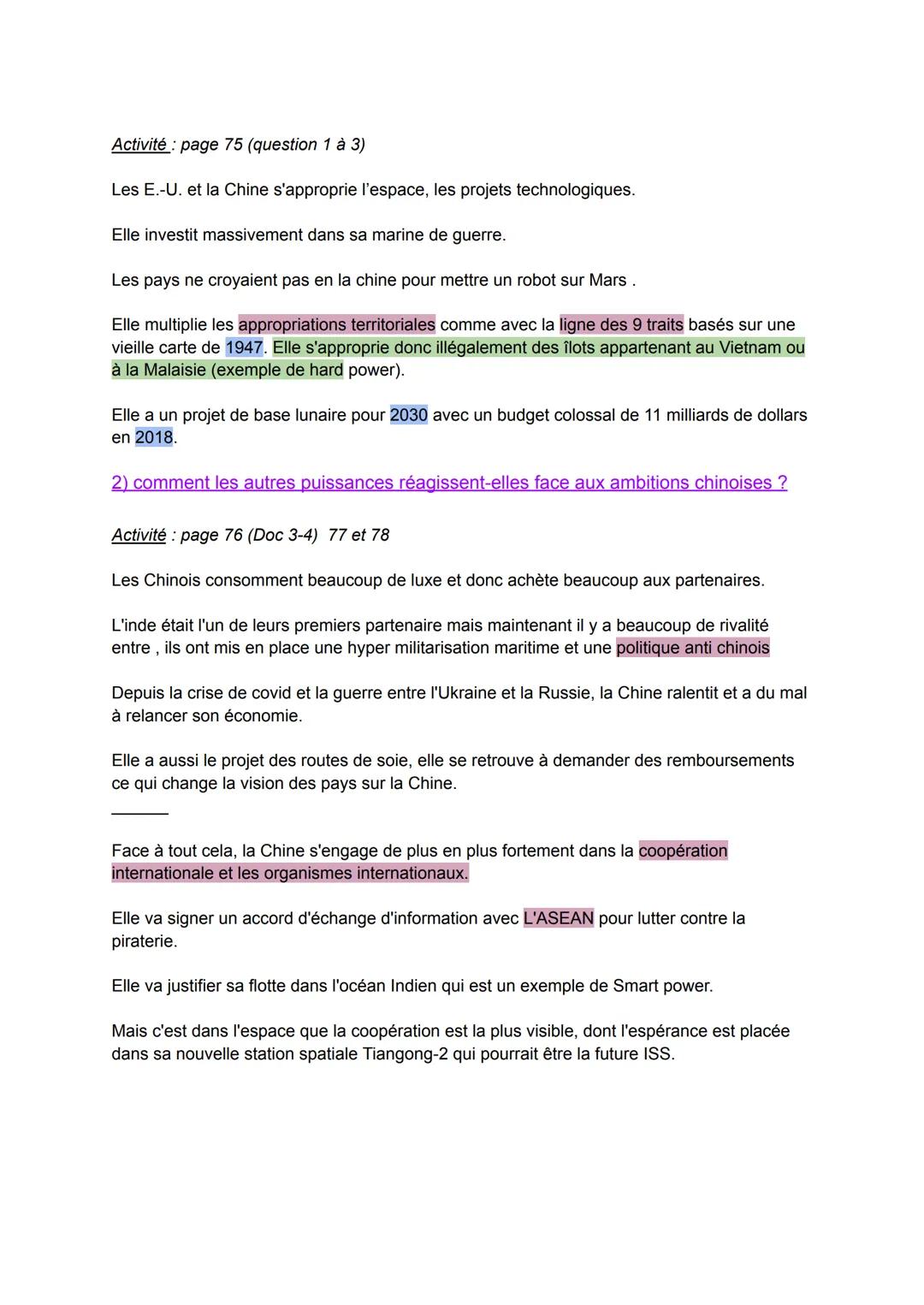 Chapitre conclusif: Comment la conquete de nouveaux
espaces est-elle devenue un enjeu de puissance mondiale de
la Chine ?
1)Pourquoi la Chin