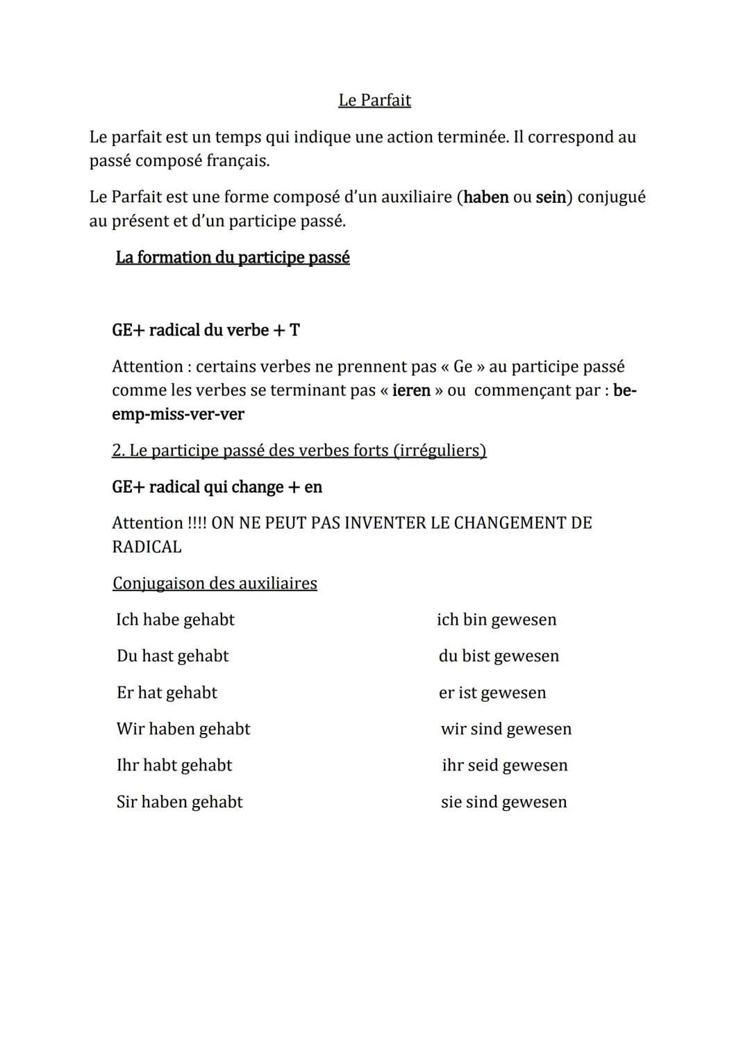 Le Parfait
Le parfait est un temps qui indique une action terminée. Il correspond au
passé composé français.
Le Parfait est une forme compos