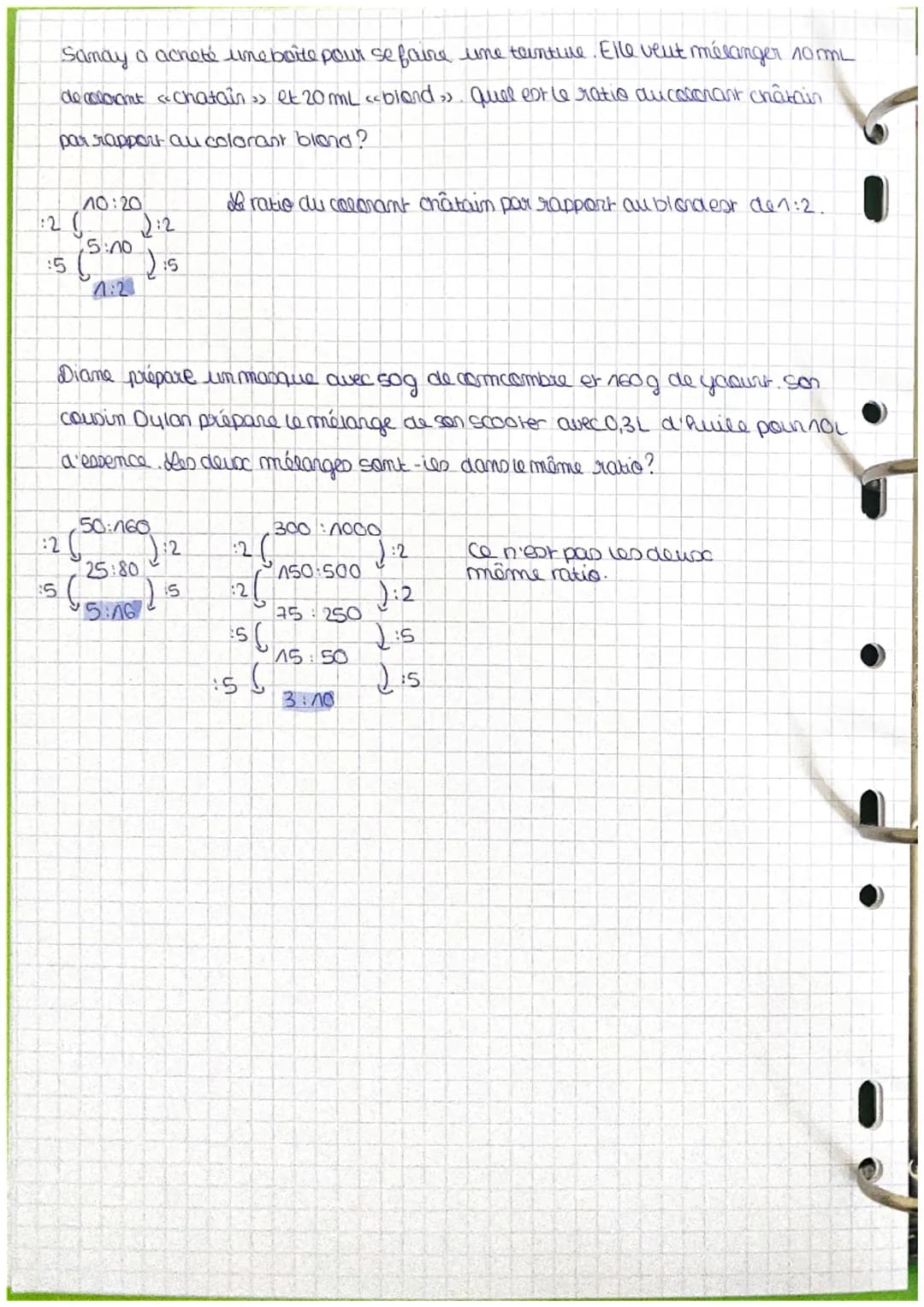 "Définition"
On dit que deux nombres a et b sont dans le ratio 2:3 si
On dit que trois nombres a, b et c sont dans le ratio 2:3:7 si
Cela si