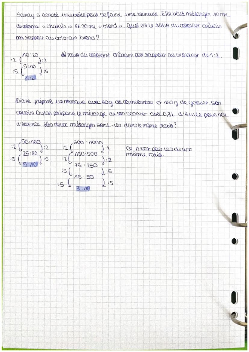"Définition"
On dit que deux nombres a et b sont dans le ratio 2:3 si
On dit que trois nombres a, b et c sont dans le ratio 2:3:7 si
Cela si