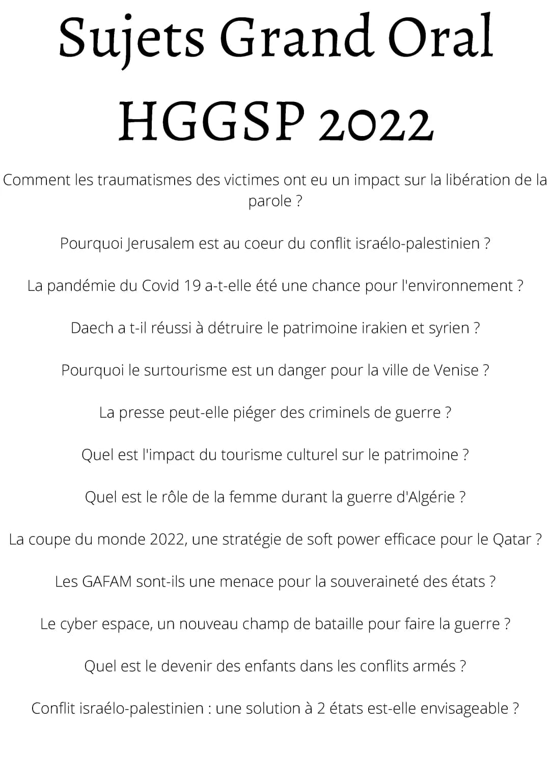 Exemples Sujets Grand Oral HGGSP 2022 - PDF, Original, Corrigé et Plus!