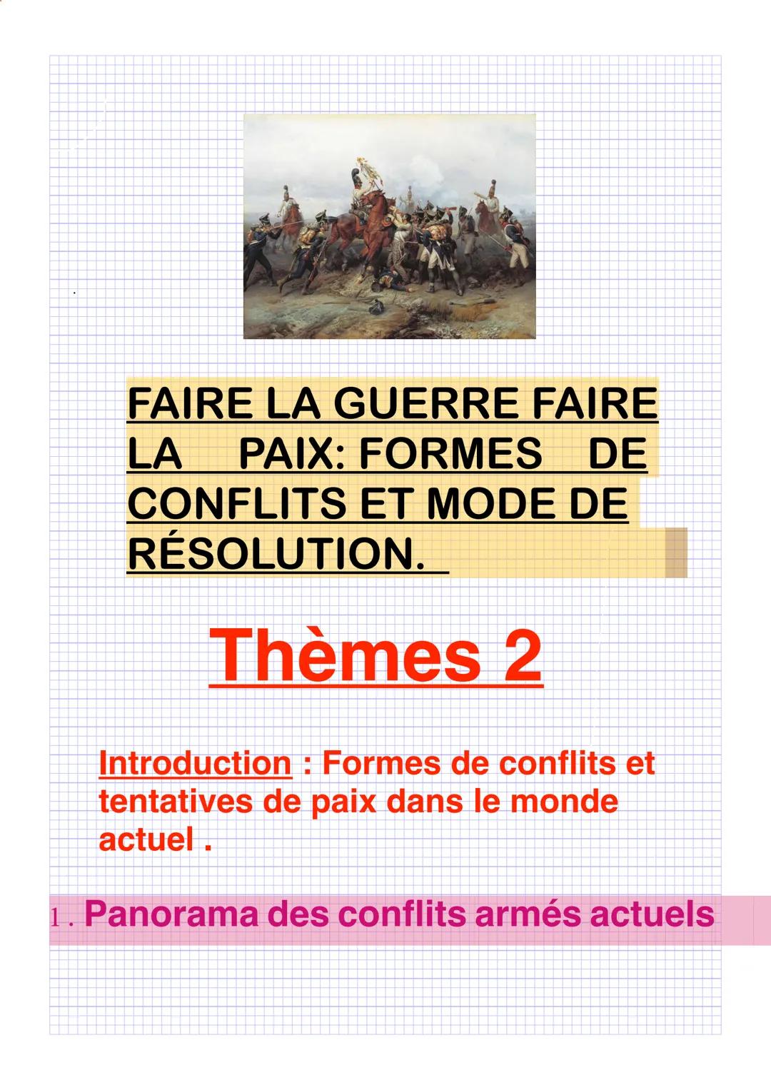 FAIRE LA GUERRE FAIRE
LA PAIX: FORMES DE
CONFLITS ET MODE DE
RÉSOLUTION.
Thèmes 2
Introduction : Formes de conflits et
tentatives de paix da