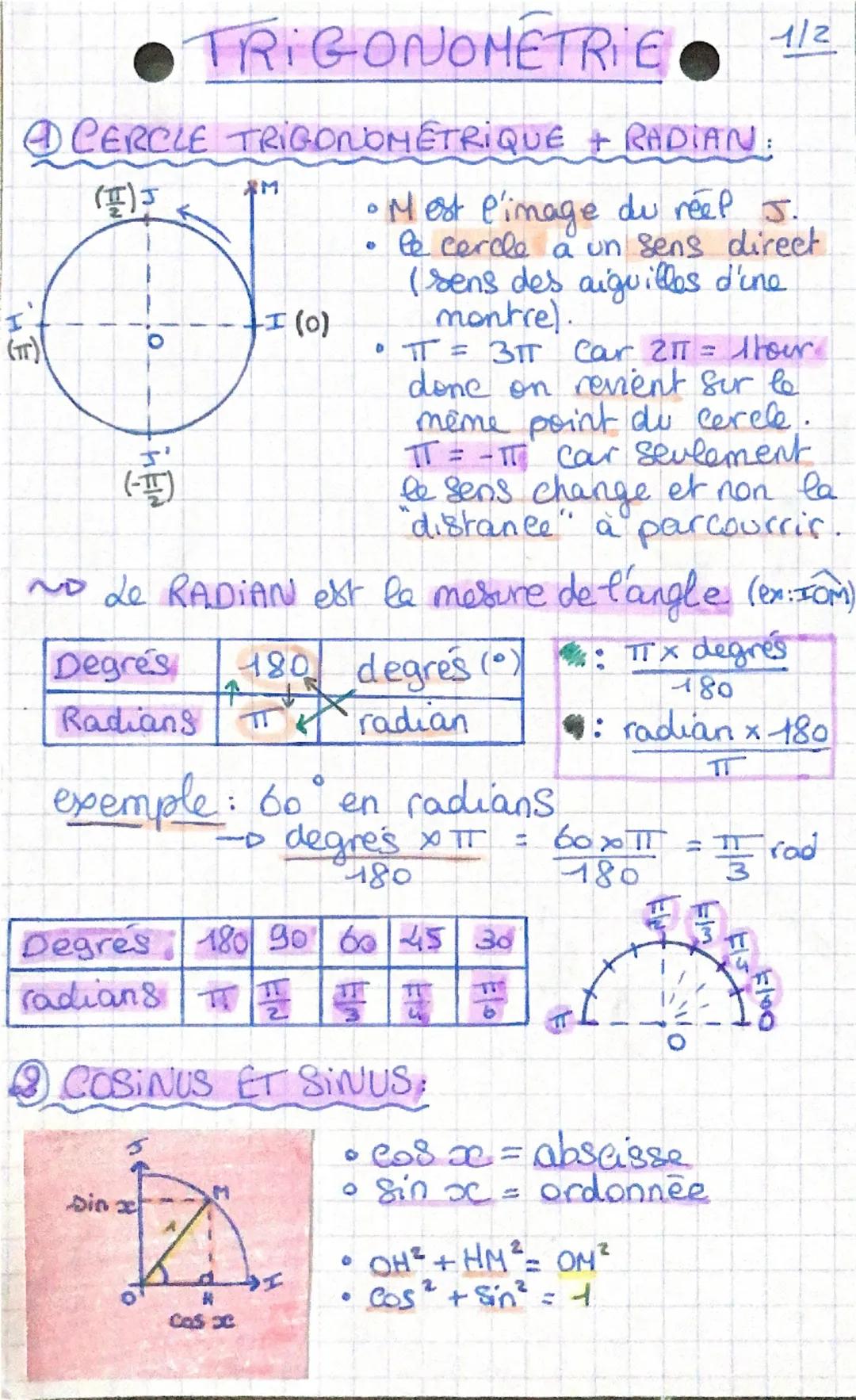 # TRIGONOMETRIE 1/2

## CERCLE TRIGONOMETRIQUE + RADIAN:

$J \atop (\frac{\pi}{2})$

M
$I \atop (\pi)$ $I (0)$

$J' \atop (-\frac{\pi}{2})$
