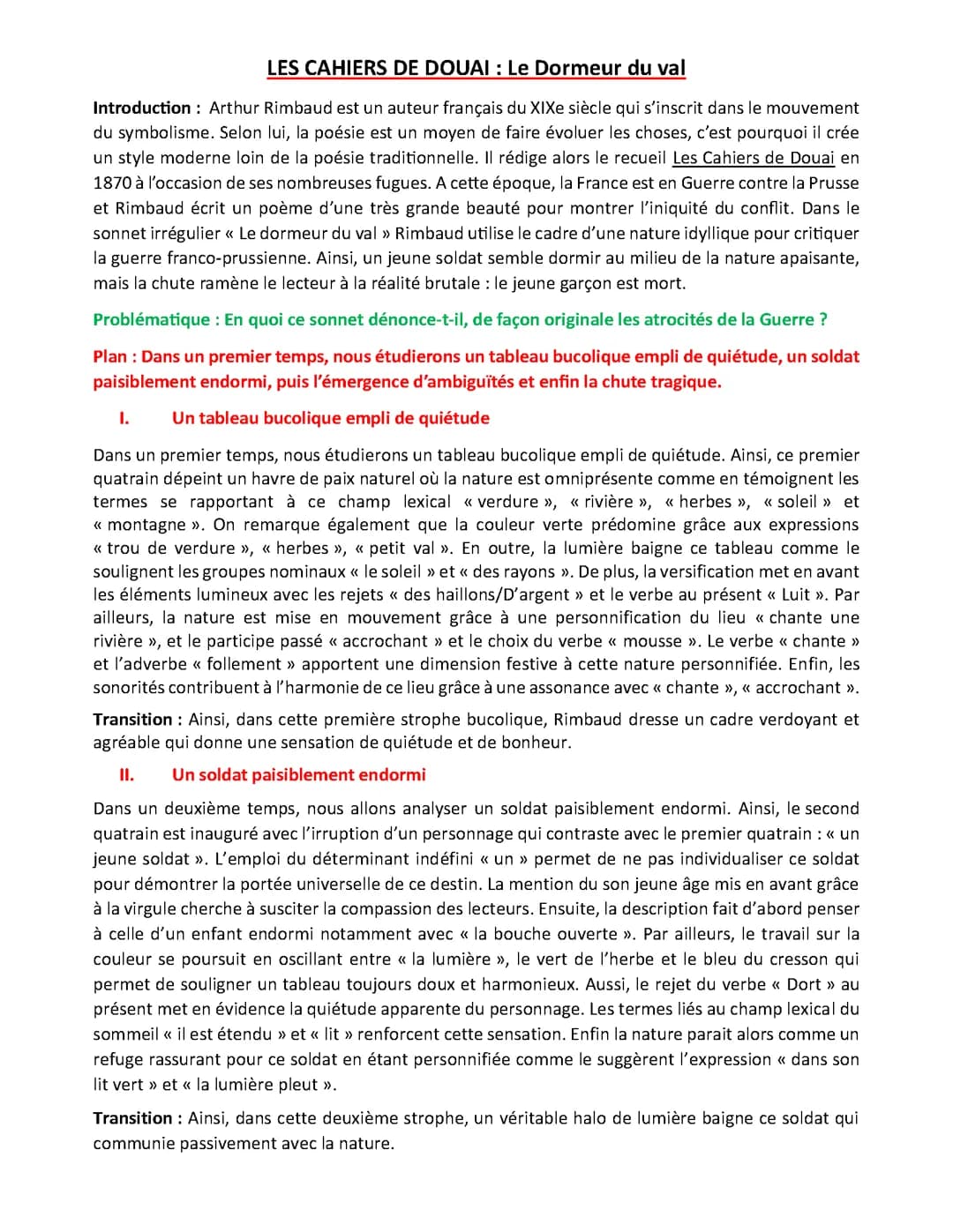 Analyse linéaire, LES CAHIERS DE DOUAI, Le dormeur du Val