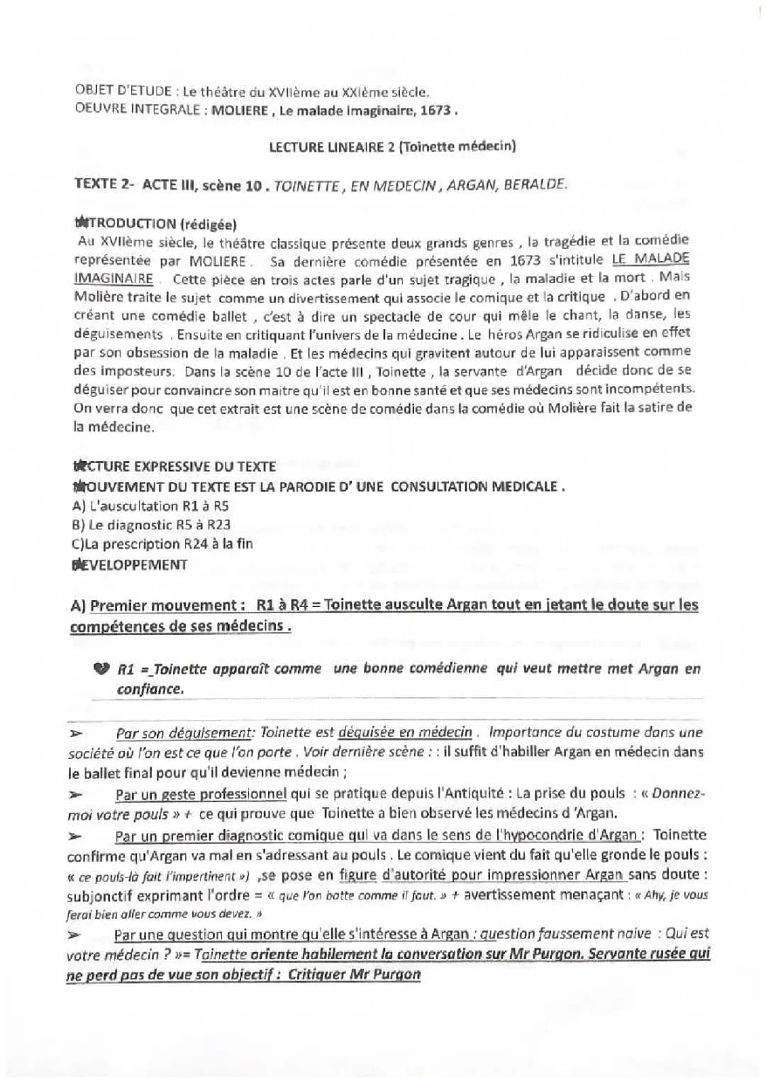 Analyse linéaire Le Malade imaginaire Acte 3 Scène 10 - problème et PDF