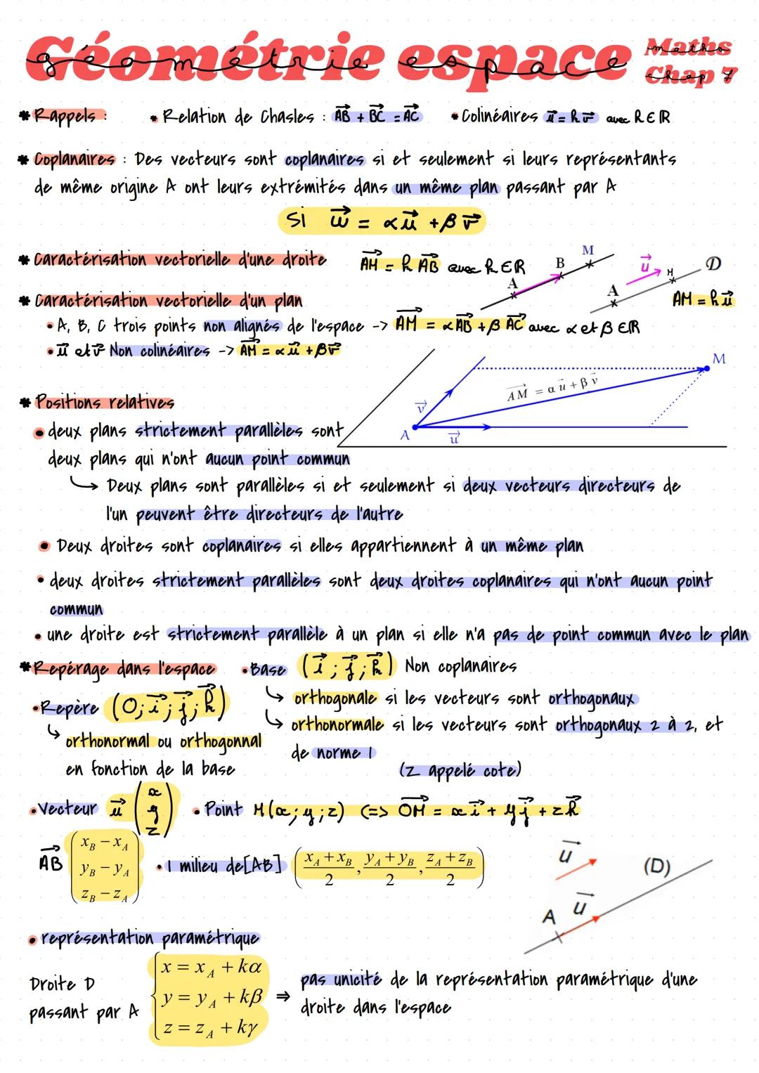 Géométrie espace Chap 7
Maths
*Rappels:
Relation de chasles: AB + BC = AC
Colinéaires = h + avec RER
* Coplanaires : Des vecteurs sont copla