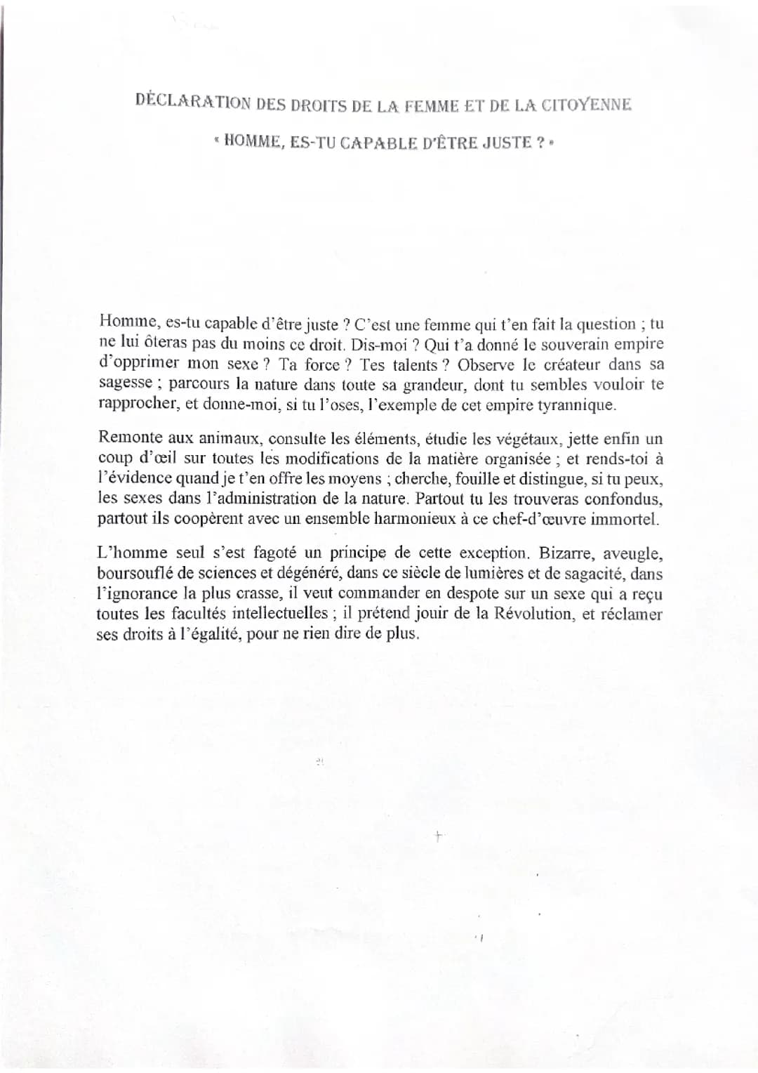 Analyse linéaire Homme es-tu capable d’être juste ? D’Olympe de Gouges 