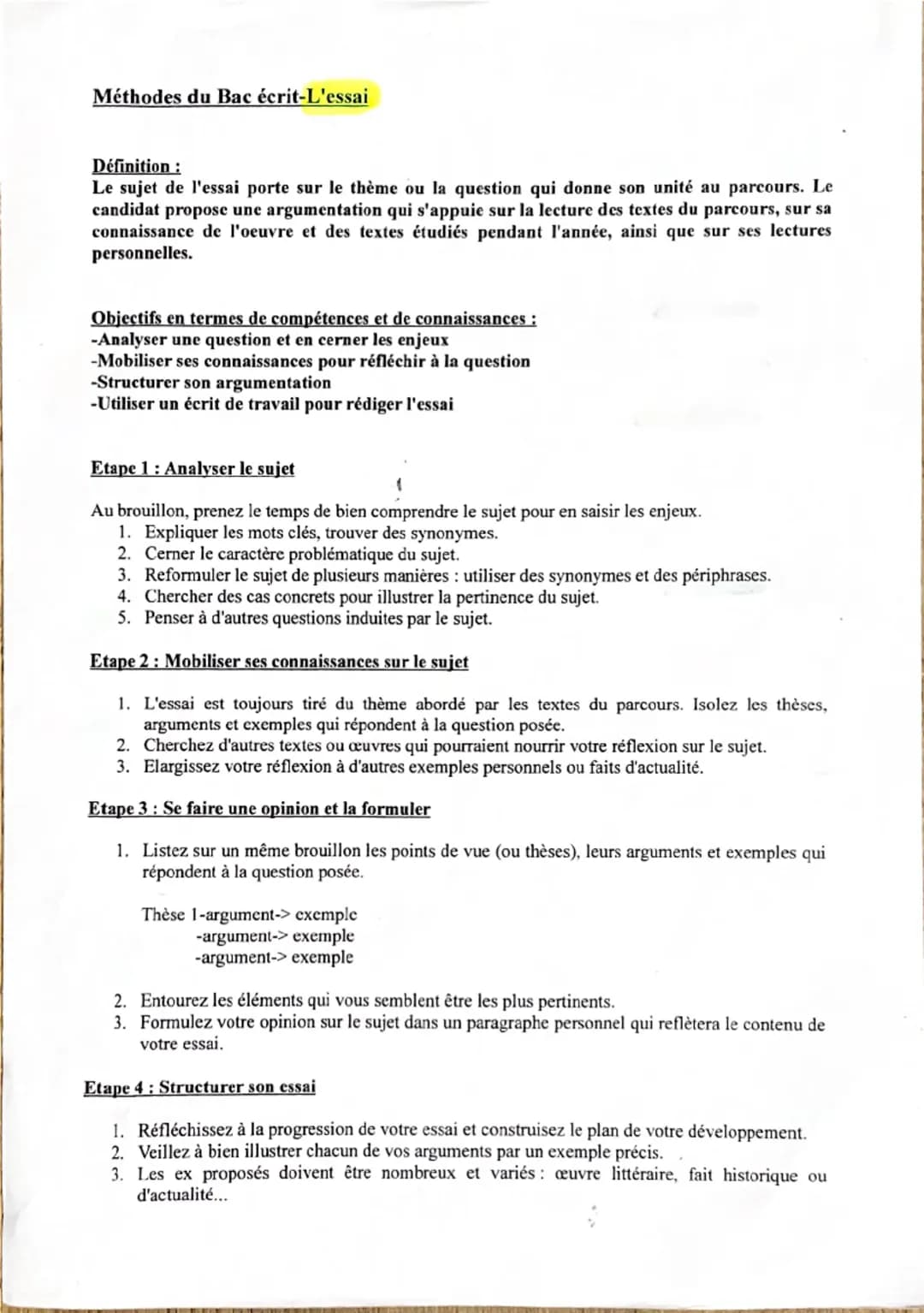 --- OCR Start ---
Méthodes du Bac écrit-L'essai
Définition:
Le sujet de l'essai porte sur le thème ou la question qui donne son unité au par