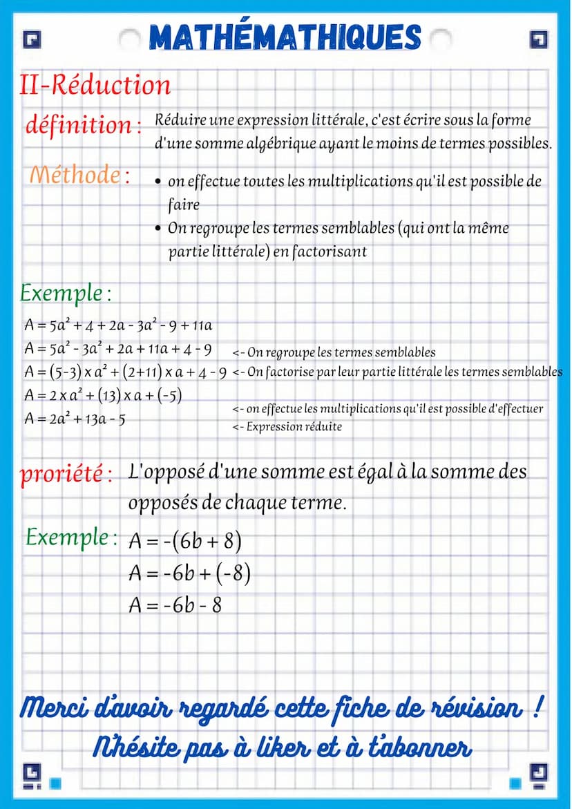 MATHÉMATHIQUES
fiche de révision chapitre
5: Calcul Littéral
I-Expression littérale
définition: une expression littérale est une expression 