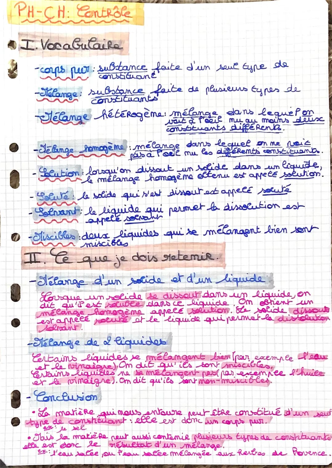 PH-CH: Contrôle
I. Vocabulaire
-corps pur: substance faite d'un seul type de
-Selange: substance faite de plusieurs types de
Jelange hétérog