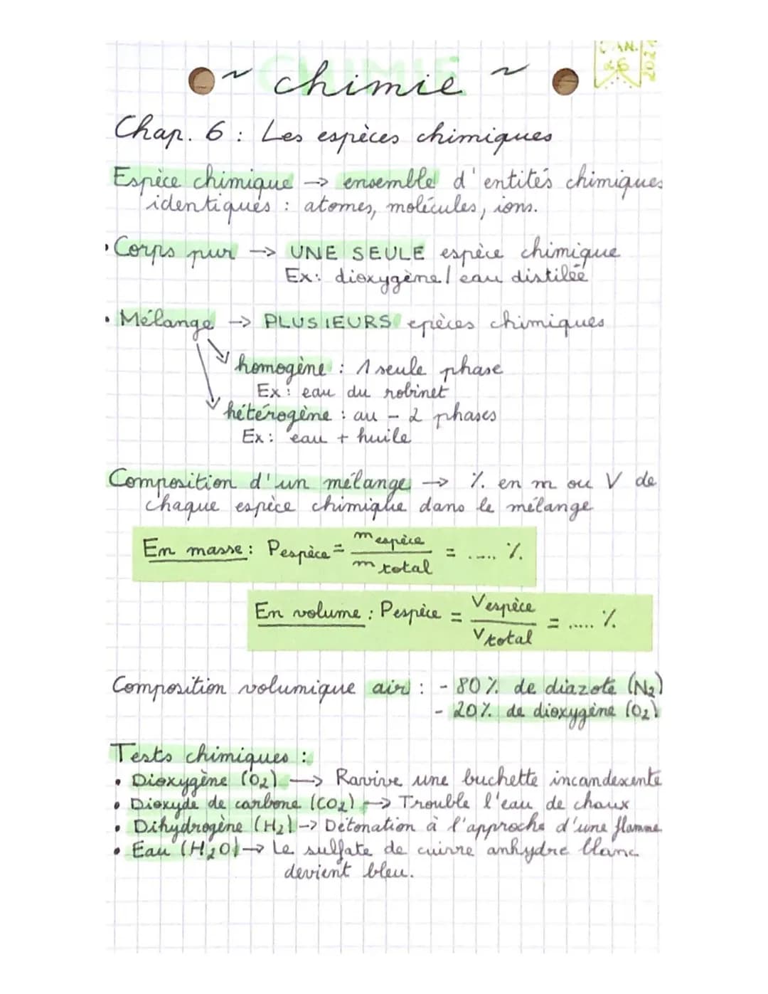 chimie
Chap. 6: Les espèces chimiques
Espèce chimique → ensemble d'entité's chimiques
identiques : atomes, molécules, ions.
•Corps pur →→ UN